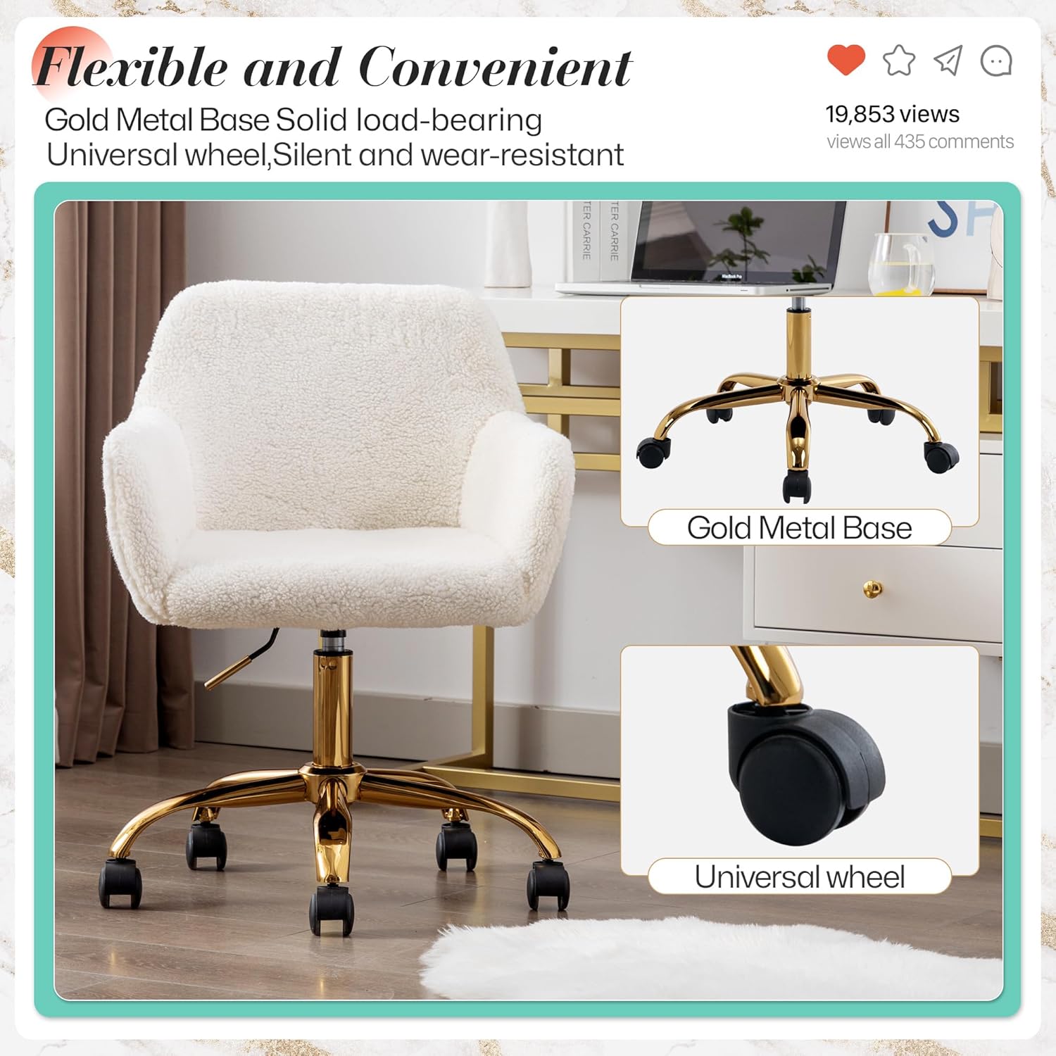 Faux Fur 360°Swivel Desk Chair, Modern Height Adjustable Home Office Armchair with Golden Base for Teens Women Girls, Upholstery Computer Chair for Home Studios, Sherpa & White