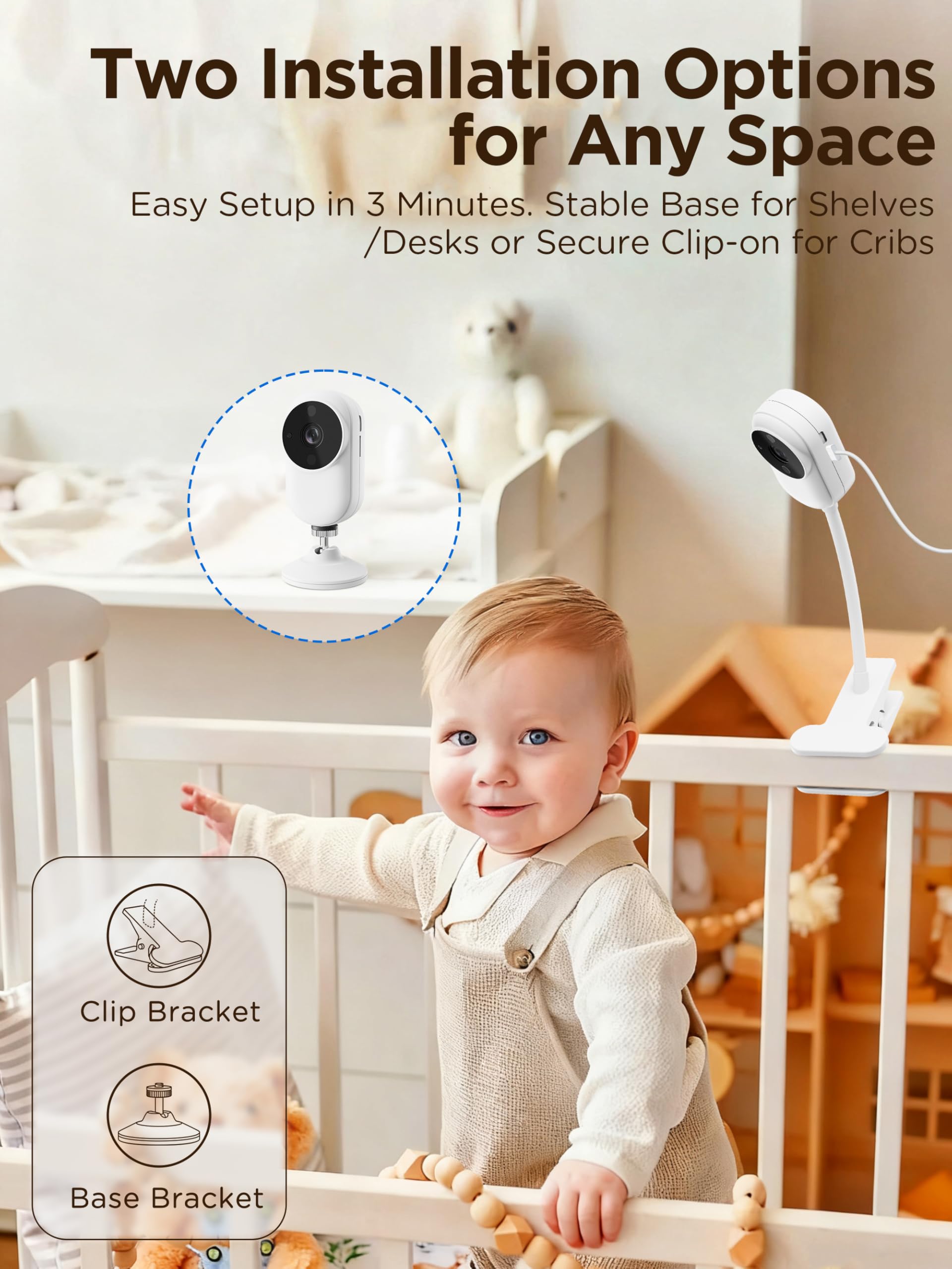 Baby Monitor with Camera and Night Vision, 1080P Baby Camera No WiFi with Holder&Cot Clip, 2-Way Audio, Cry&Temp Detection - Image 3