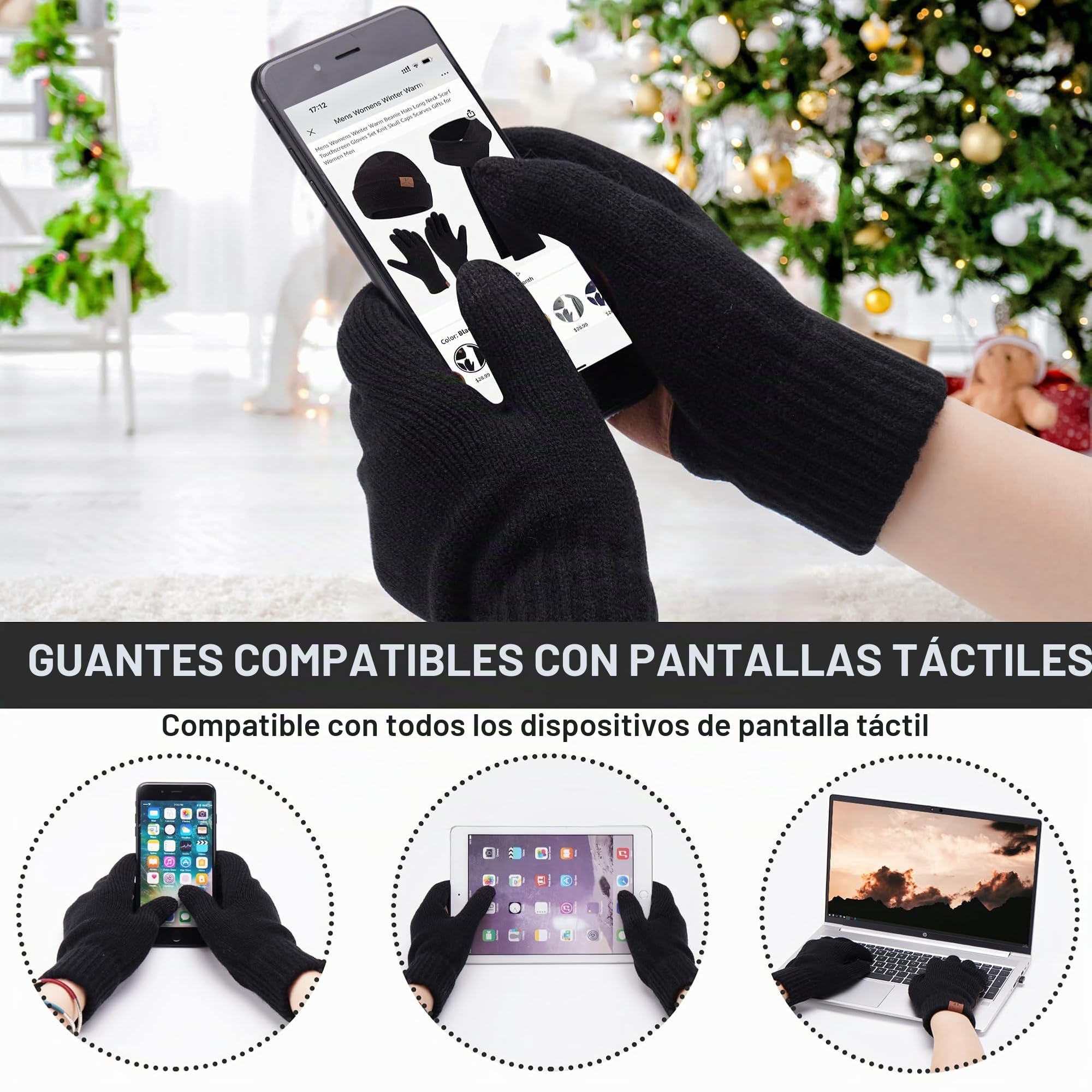 Bequemer Laden Hombres Invierno Gorro Termicos Bufanda Larga Guantes Tactiles Conjunto Punto Regalo Hombre Mujer