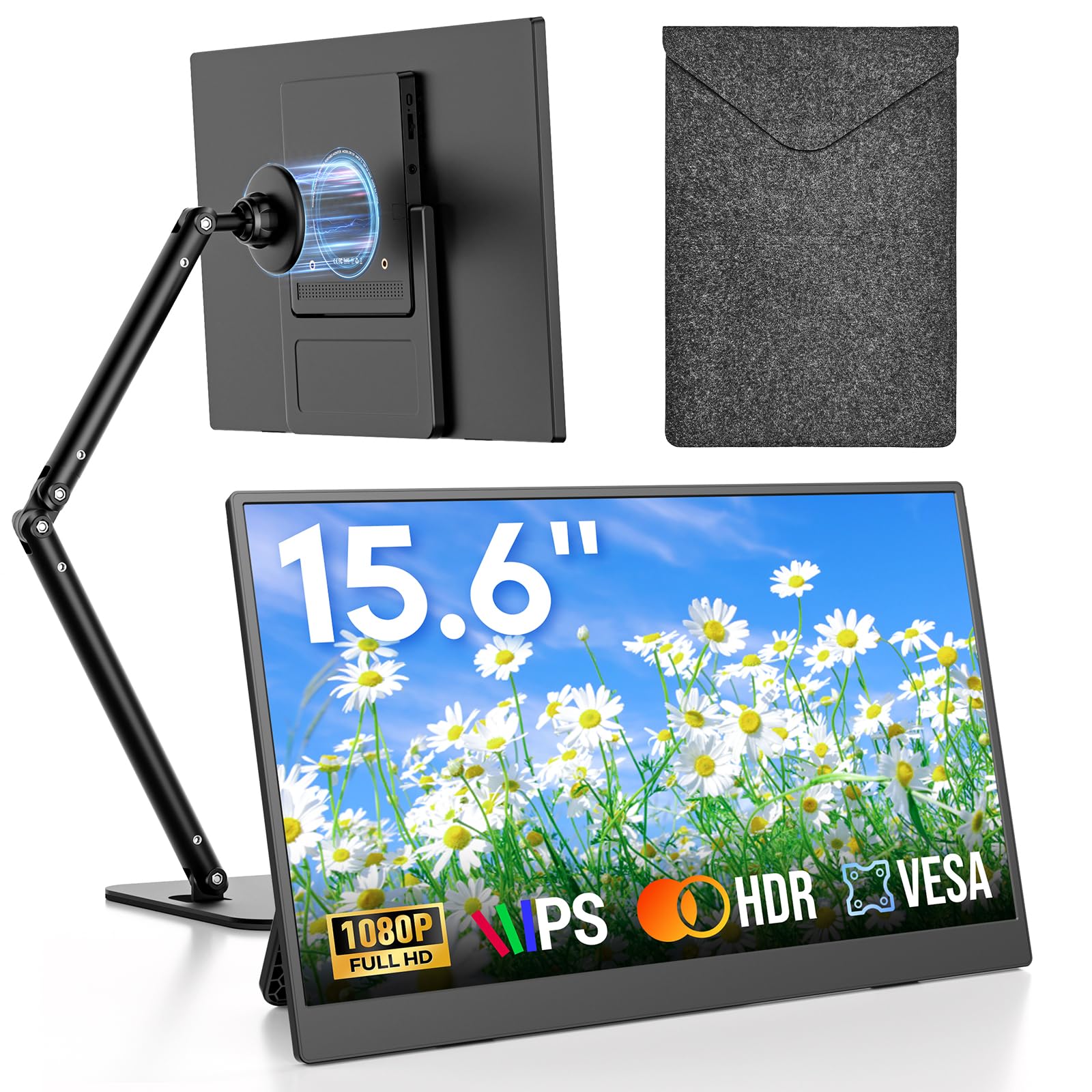 Omiodo 15,6'' Tragbarer Monitor mit Magnetständer FHD 1080P IPS, Ultradünn Eye-Care, VESA & Lautsprechern, HDMI/USB-C, Portable Monitor für Laptop/PC/Mac/Xbox/PS4/5/Switch