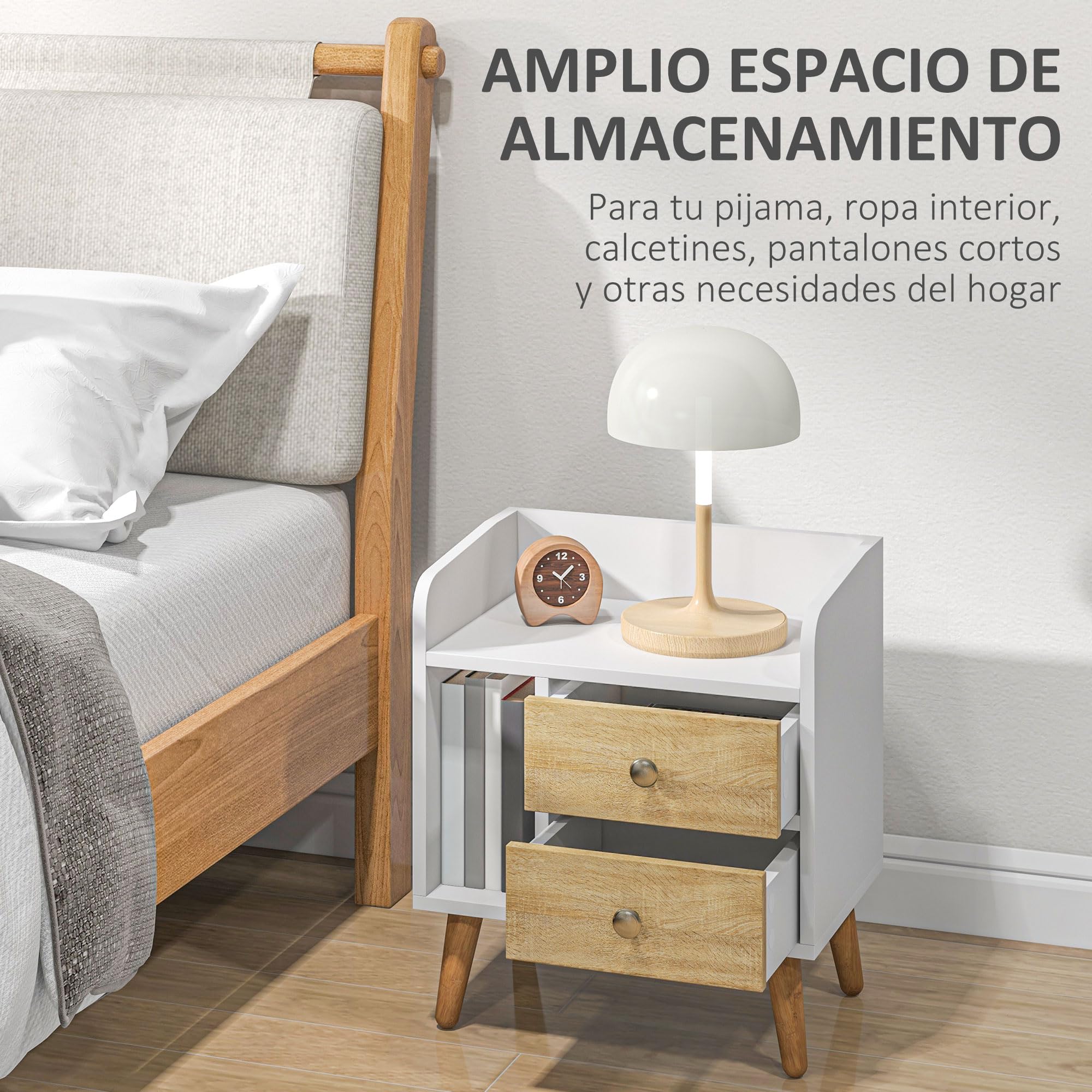 HOMCOM Mesita de Noche 2 Cajones Patas Elevadas de Pino 43x30x49 cm Blanco