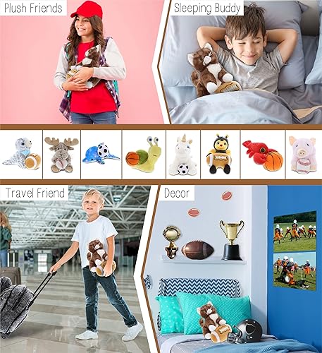 Miniatura 4 de DolliBu Animal de peluche de gato marrón con peluche de fútbol, gatito suave y abrazable, adorable juguete de peluche para jugar, lindo regalo de