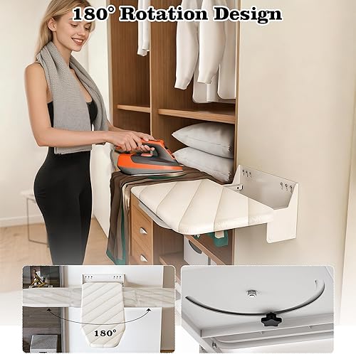Miniatura 4 de Tabla de planchar montada en la pared de 37.4 x 11.8 pulgadas, tabla de hierro plegable de montaje compacto plegable de 180 con cubierta resistente