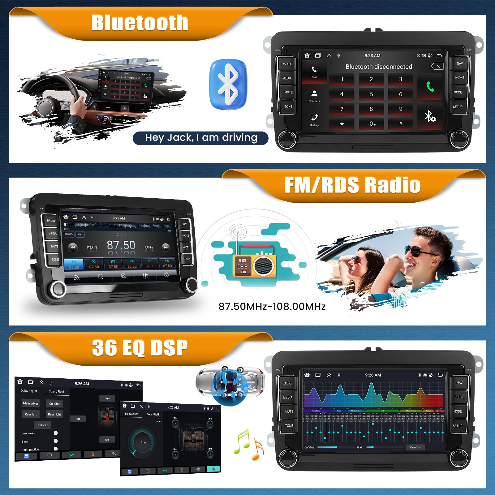 Android 15, 6G+128G 8Core GOHHDL Autoradio 2Din Navi für VW Golf 5 6 Polo Touran, 7 Zoll Auto Bildschirm Touch Radio mit GPS Navi WiFi Bluetooth FM/RDS Radio EQ SWC Rückfahrkamera&MIC