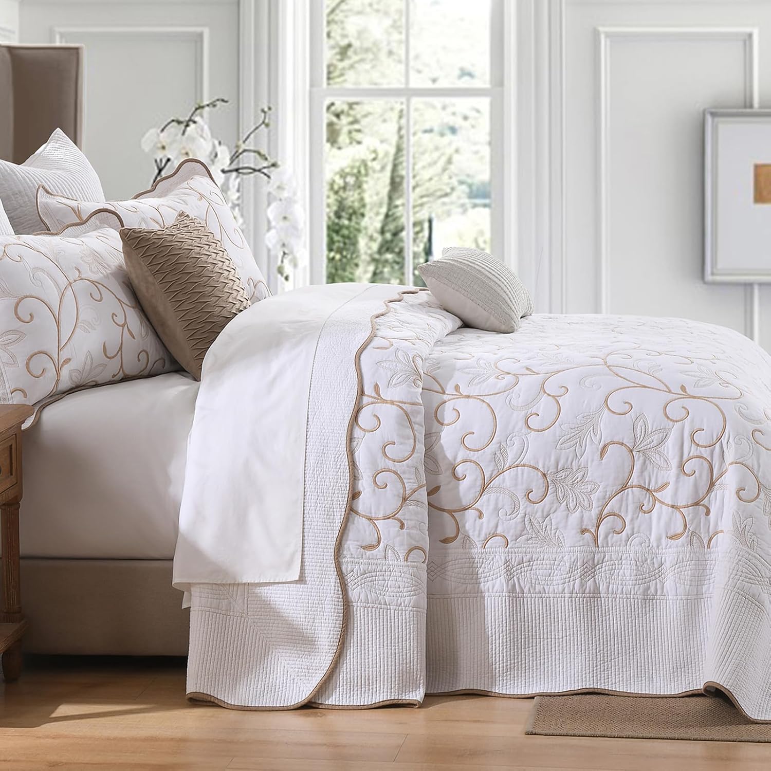 100% Cotton Oversized Bedspread Quilt Coverlet Set, 128"x120" Extra Large Cal King Bedspreads with Pillow Shams, Lightweight Embroidered Bedding Cover 3 Piece, White/Beige - Image 3