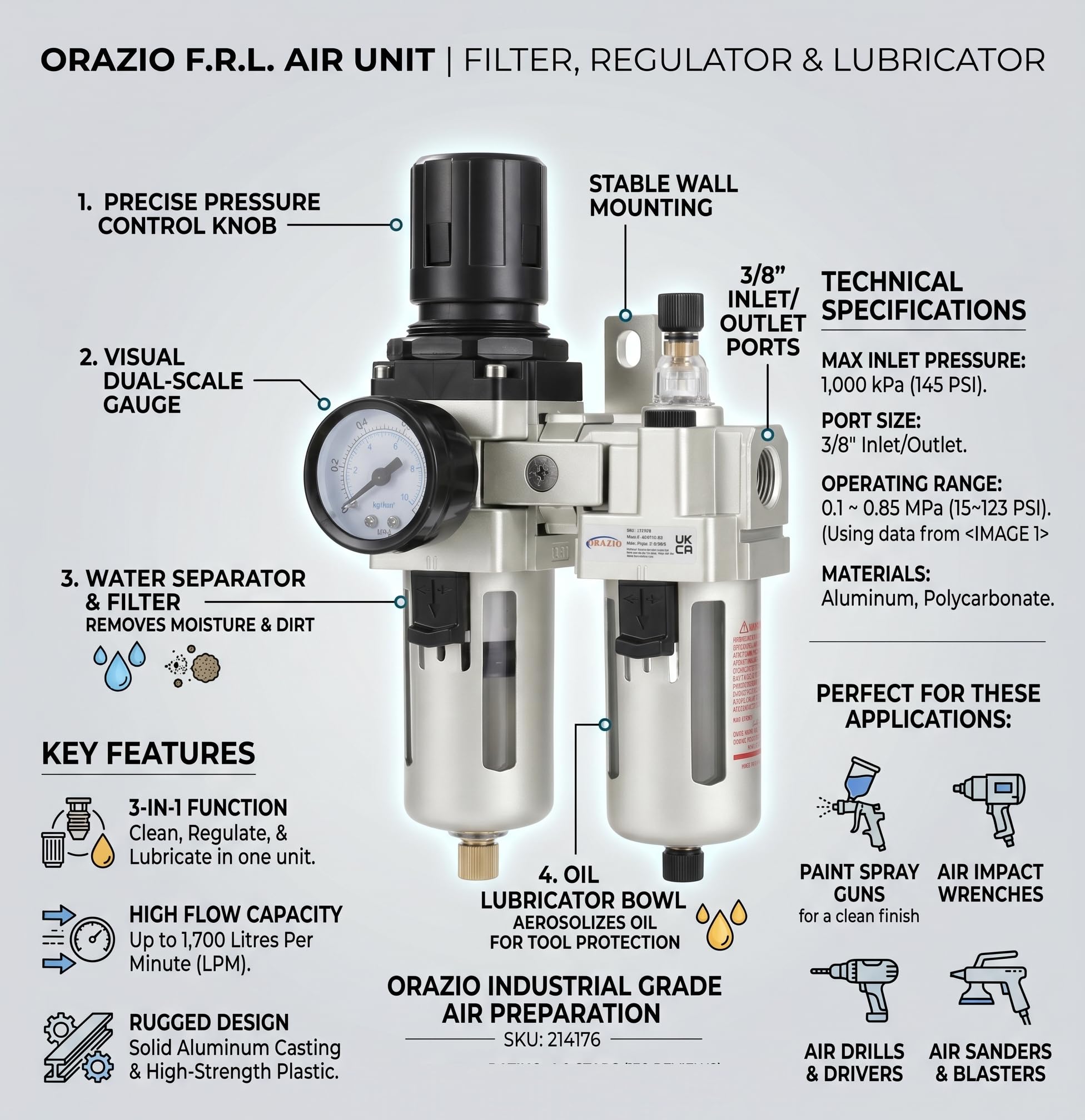 Regolatore Filtro Compressore d'Aria 3/8" ORAZIO Industriale Trappola di Umidità Dell'acqua Separatore d'Olio Lubrificatore per Utensili Pneumatici e pistole a spruzzo di vernice