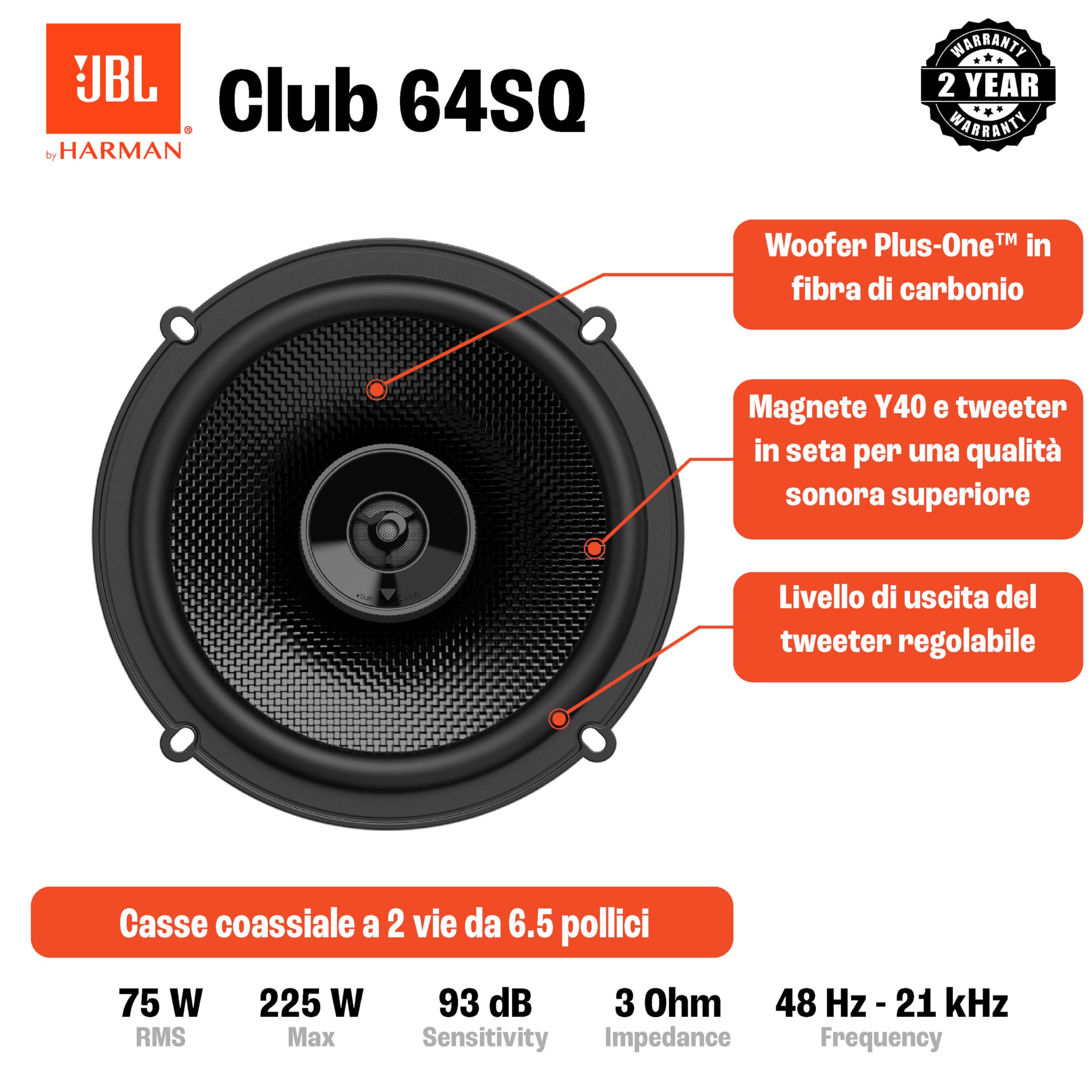 Cassa JBL Club 64SQ Gen 3 - Casse Auto 16.5 cm di Harman Kardon - qualità Audio di Alto Livello per l'Upgrade Definitivo : 75W RMS, 225W Max, Woofer al Carbonio e Incredibile Magnete in Ferrite Y40