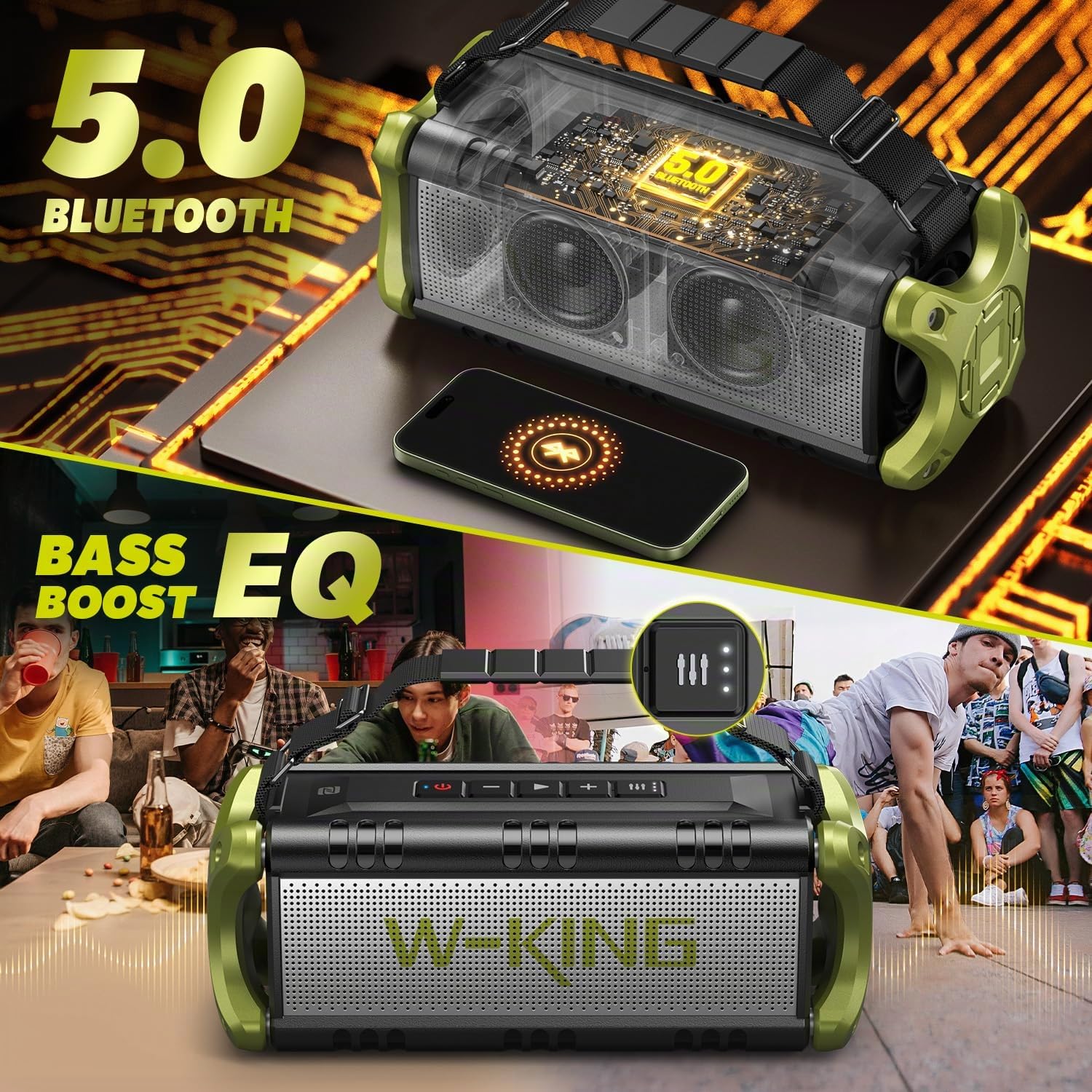 W-KING 90W PICCO Cassa Bluetooth Potente, Portatile Altoparlante Bluetooth Boombox, IPX6 Impermeabile Speaker, 50W Bassi Ricchi, HiFi Stereo Audio, 40 Ore,Powerbank,EQ,NFC,TF,AUX Campeggio Spiaggia