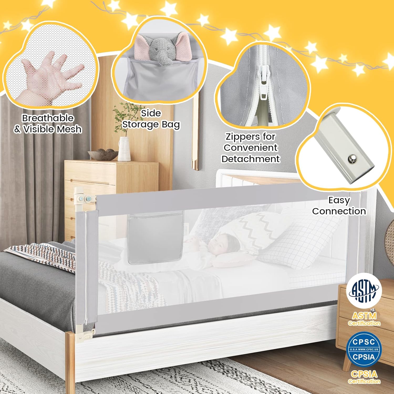 GLACER Bed Rail for Toddlers, 77” Extra Long, Height Adjustable Baby Bed Rail Guard with One-Side Lifting Design, Double Safety Locks, Safety Bed Guardrail for Kids with Side Storage Pocket (Classic)