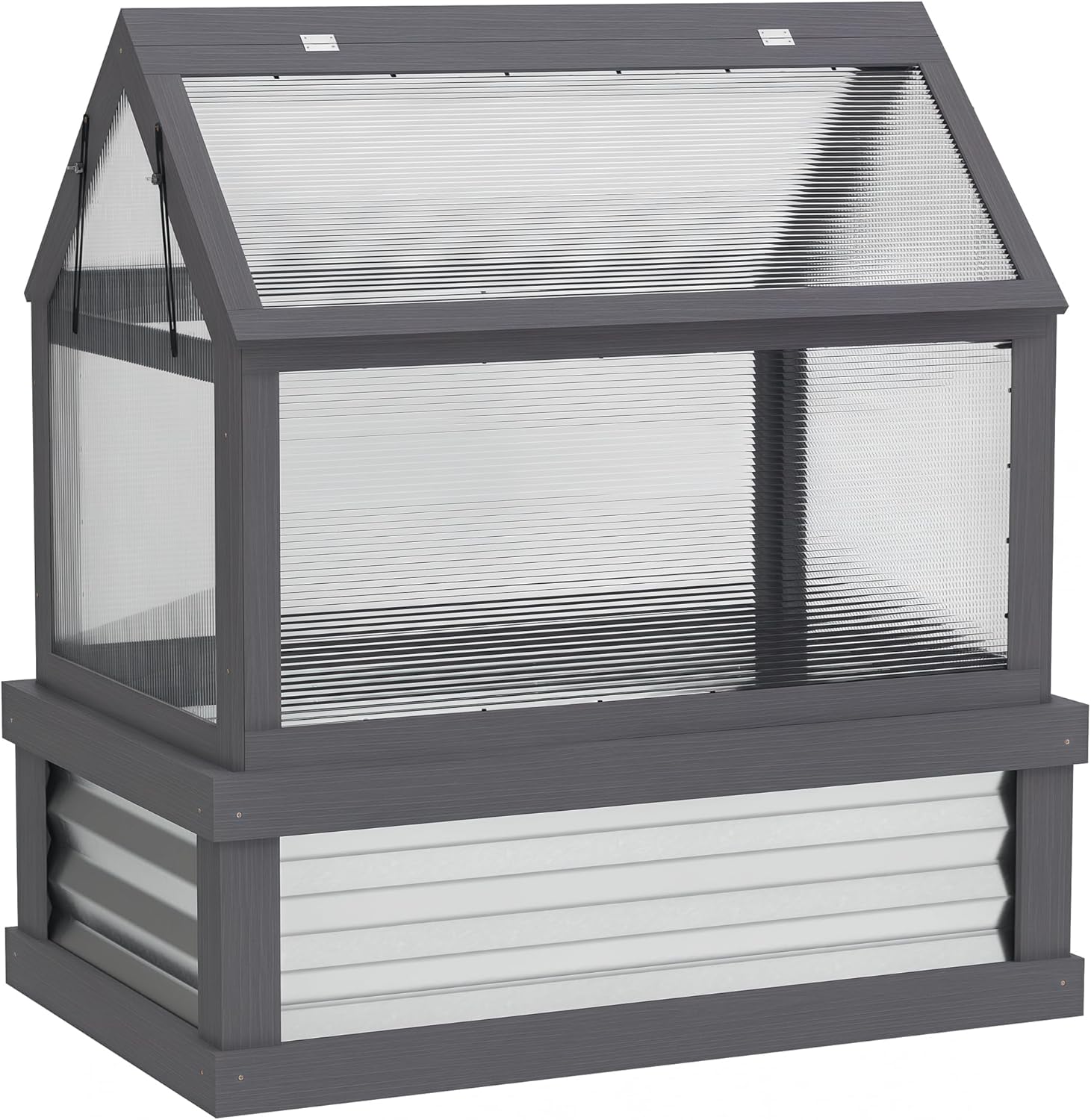 Outsunny Raised Garden Bed with Polycarbonate Greenhouse, Wooden Cold Frame Greenhouse, Garden Flower Planter Protection, Peak Roof, 35.5" x 22.5" x 38.25", Gray