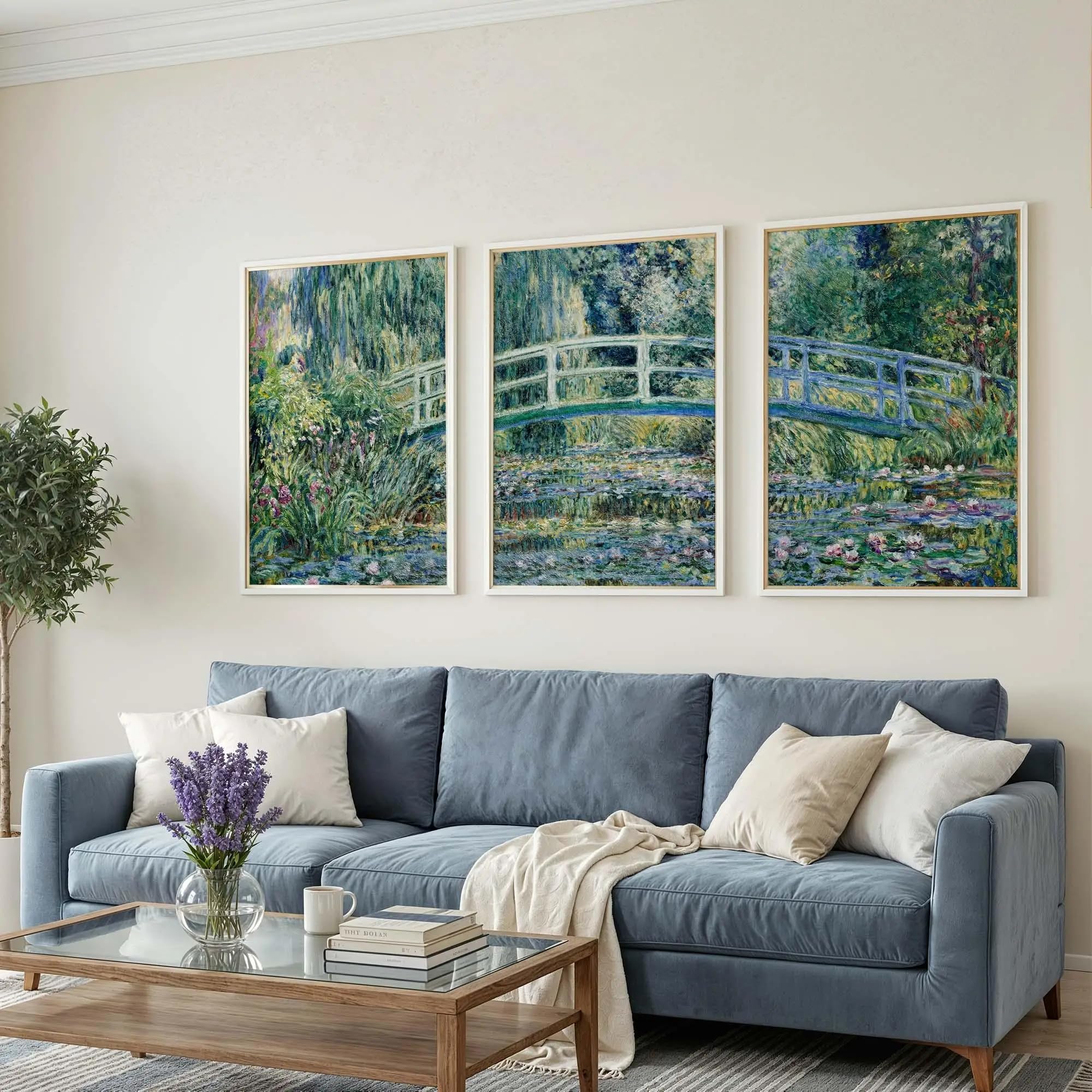 Tríptico de nenúfares de Monet, puente japonés, lámina decorativa para pared, póster en lienzo, decoración para el hogar, dormitorio y sala de estar (70x100cmx3/marco interno)