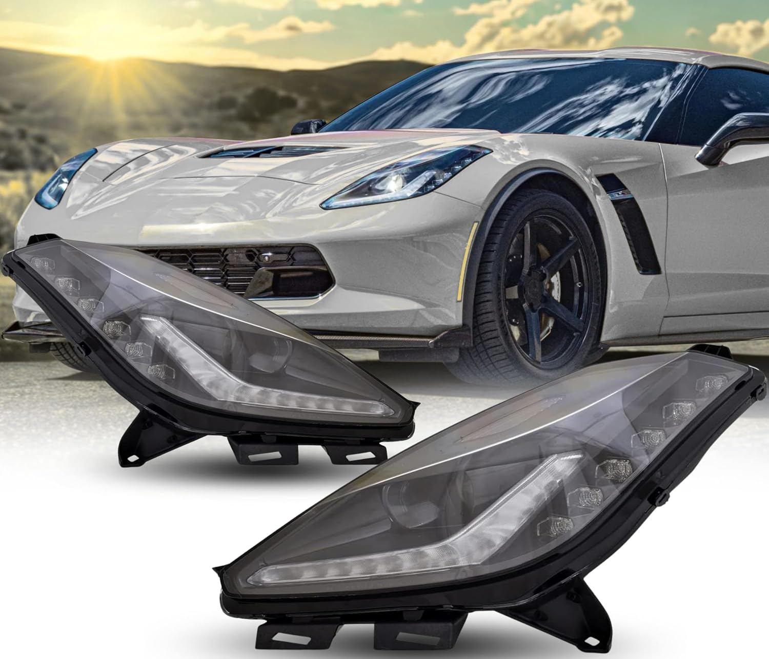 Headlight Assembly Replacement For Chevrolet Chevy Corvette 2014-2019 w/o Logo Headlamp HID w/ Bulb Right & Left / Passenger & Driver Side DOT/SAE Compliant GM2503403, GM2502403 / 84750166, 84750165