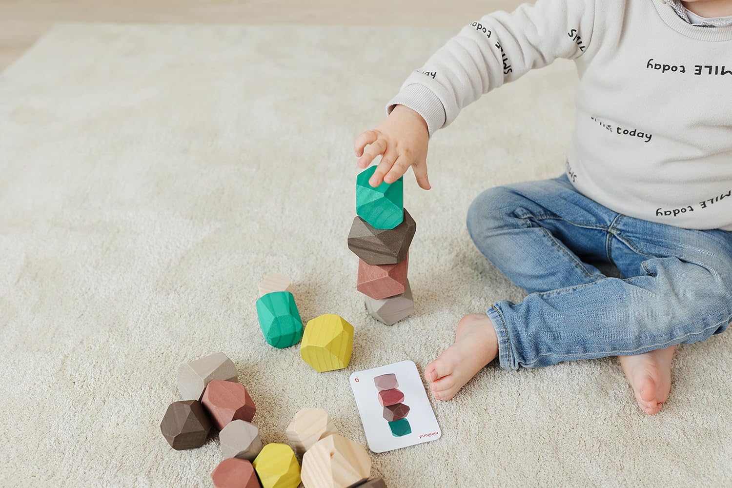 Miniland Towering Wood Stones. 18 Wooden Pieces from Sustainable Forests in Varios Sizes, Colors and Shapes to be Stacked for Children Over 18 Months