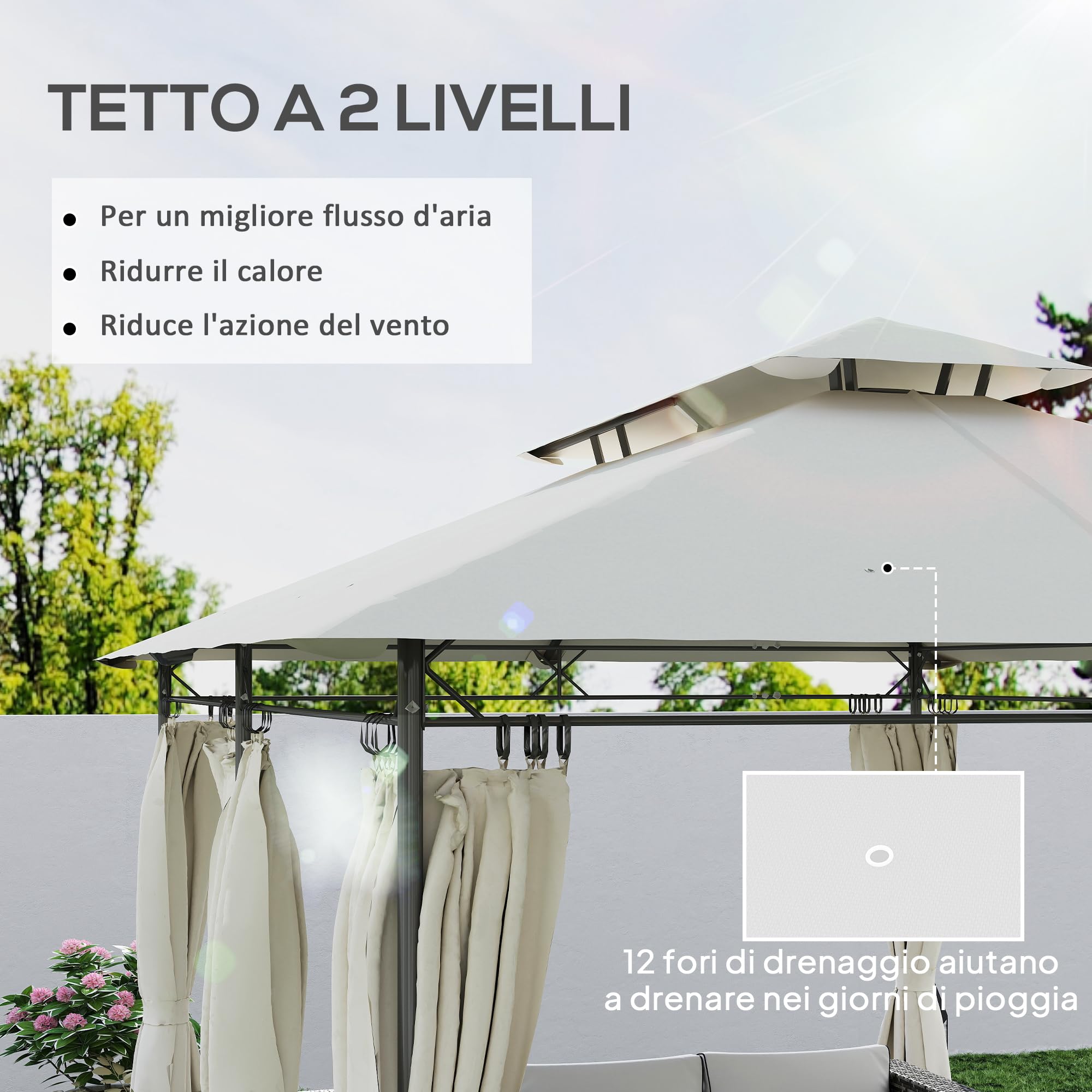 Outsunny Gazebo da Giardino 3x4 m con Tende Rimovibili, Doppio Tetto e 12 Fori di Drenaggio, Gazebo da Esterno in Metallo e Poliestere, per Giardino, Balcone, Feste, Campeggio, Crema
