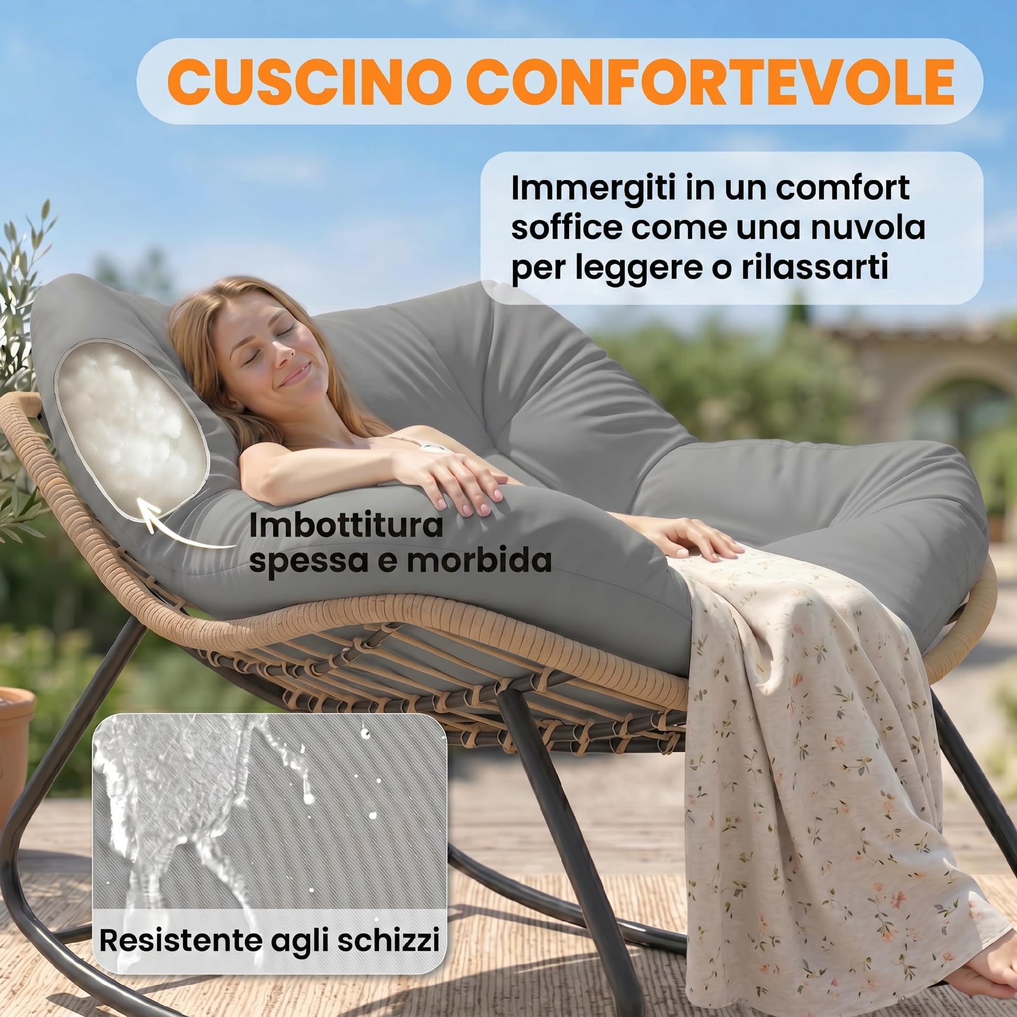 Outsunny Sedia a Dondolo da Esterni ed Interni con Seduta Extra Larga da 60 cm e Cuscino Imbottito, Poltrona Papasan da Giardino, Salotto, Giardino, Patio, Balcone, Grigio