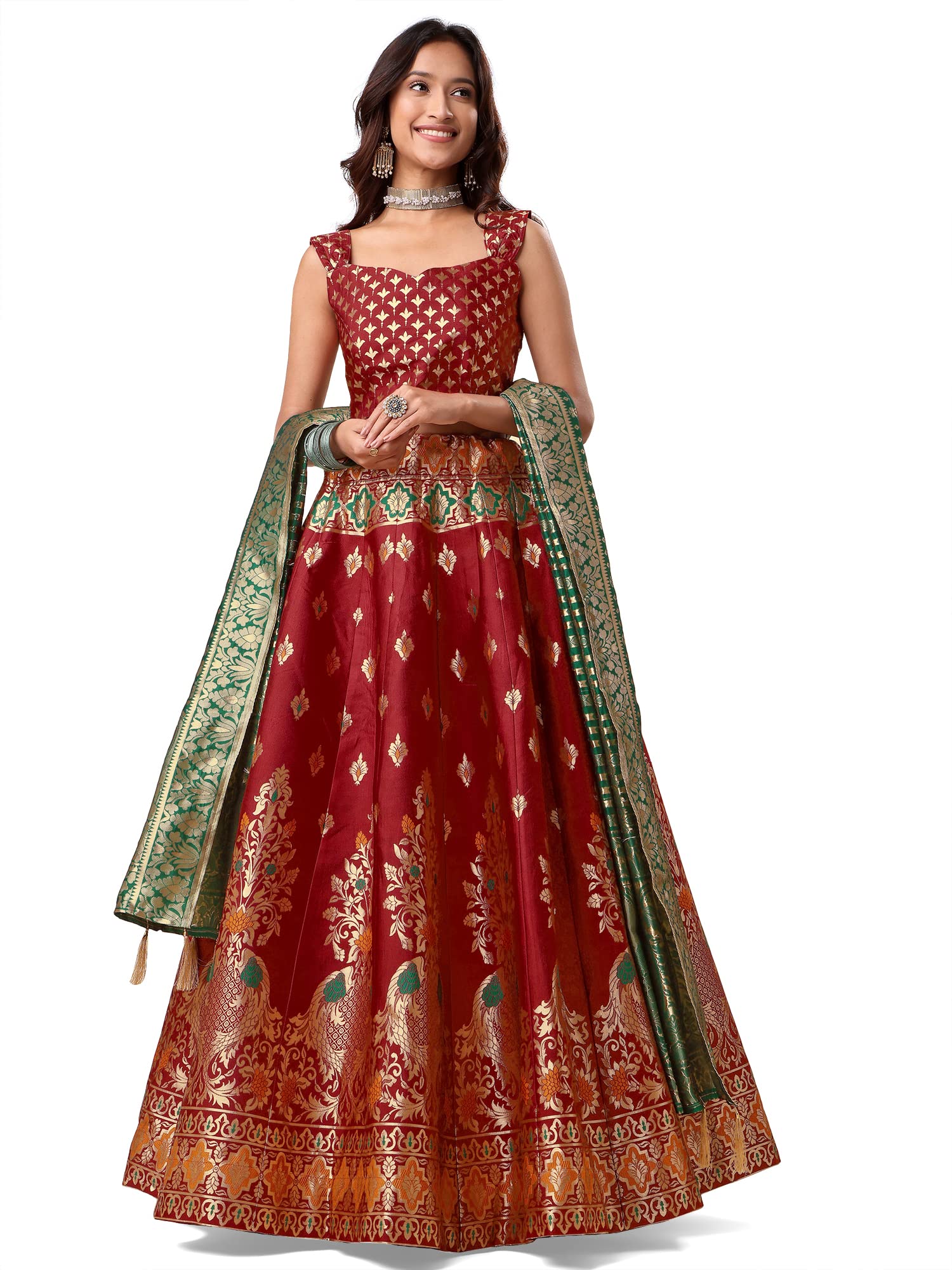 Purvaja Women's Jacquard Semi-Stitched Lehenga Choli (Indra-Red_Red_Free Size)
