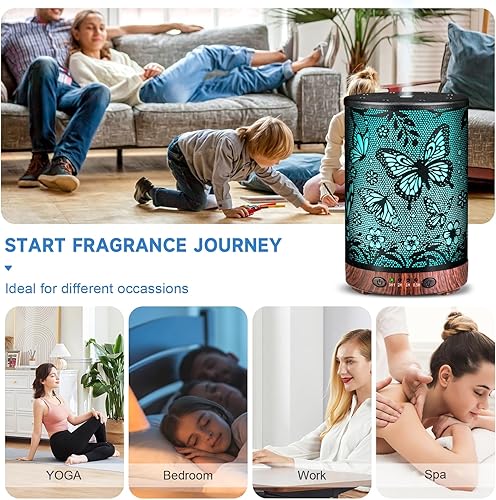 Miniatura 6 de Difusor de aceite esencial de metal para aromaterapia, difusor de niebla fría con 7 luces de color para el hogar, oficina, spa (mariposa grande)