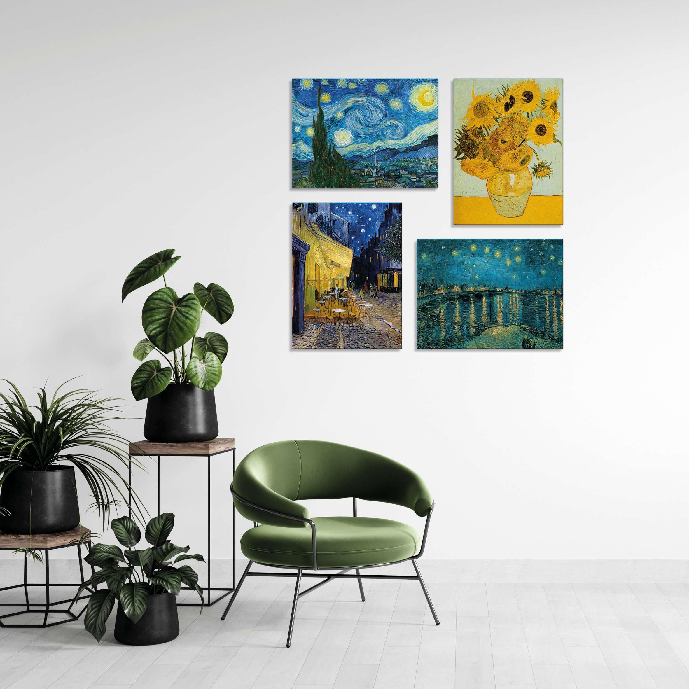 LuxHomeDecor Juego de 4 cuadros 40 x 30 cm – Impresión sobre lienzo con marco de madera – Vincent V. Gogh – Noche estrellada, girasoles, terraza del café, noche en el Ródano