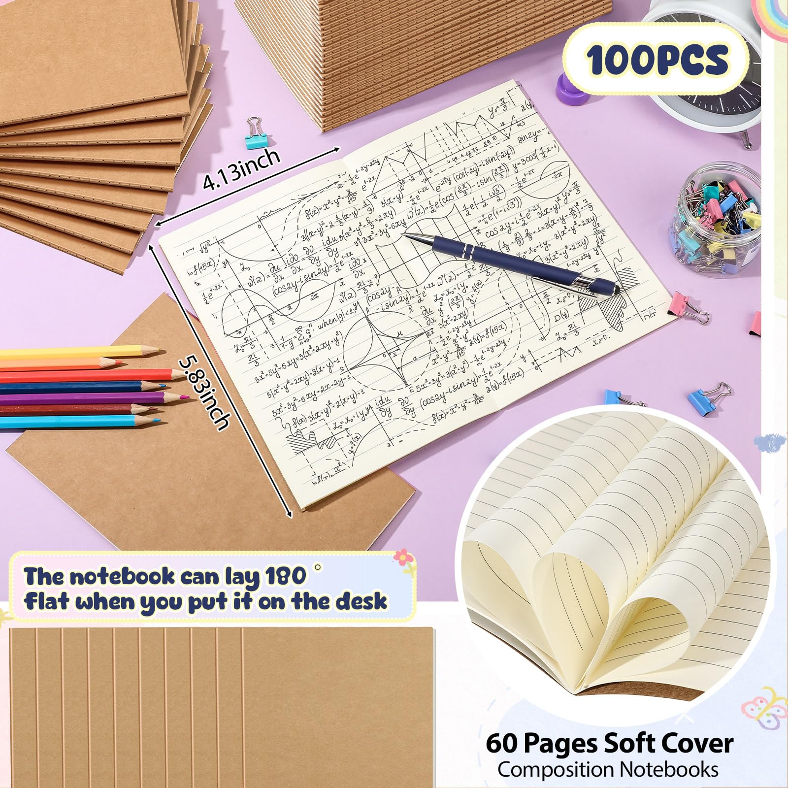 Handepo Confezione da 100 quaderni in carta kraft, 60 pagine, a righe, a righe, copertina morbida, in carta kraft, diari di viaggio, diari per studenti, ufficio e scuola (colore Kraft, A6)