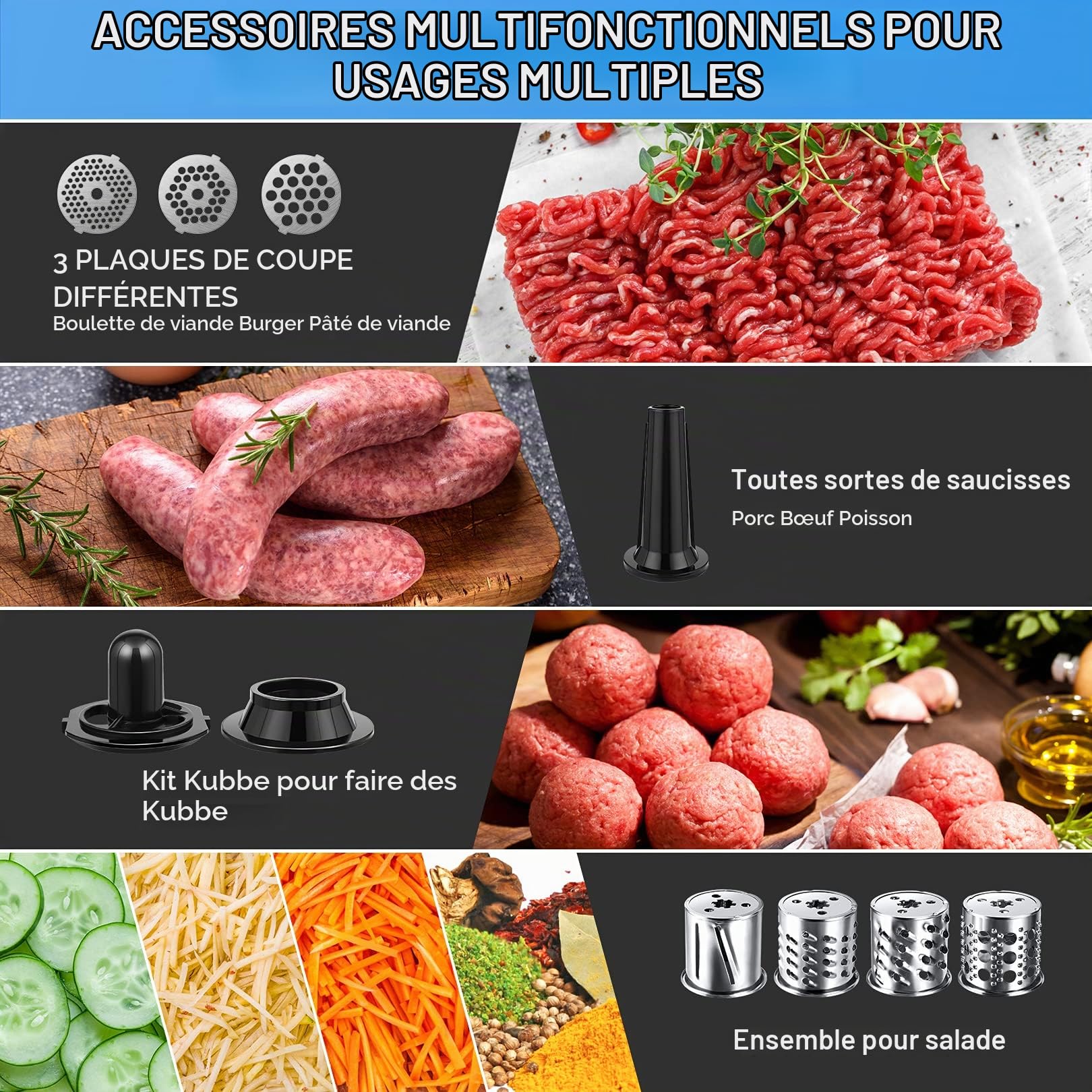 Meykey Hachoir à viande électrique 5 en 1 multifonction avec 4 lames et 3 plaques de coupe en acier inoxydable pour saucisses, autres accessoires pour biscuits, boulettes de viande, 2000 W max
