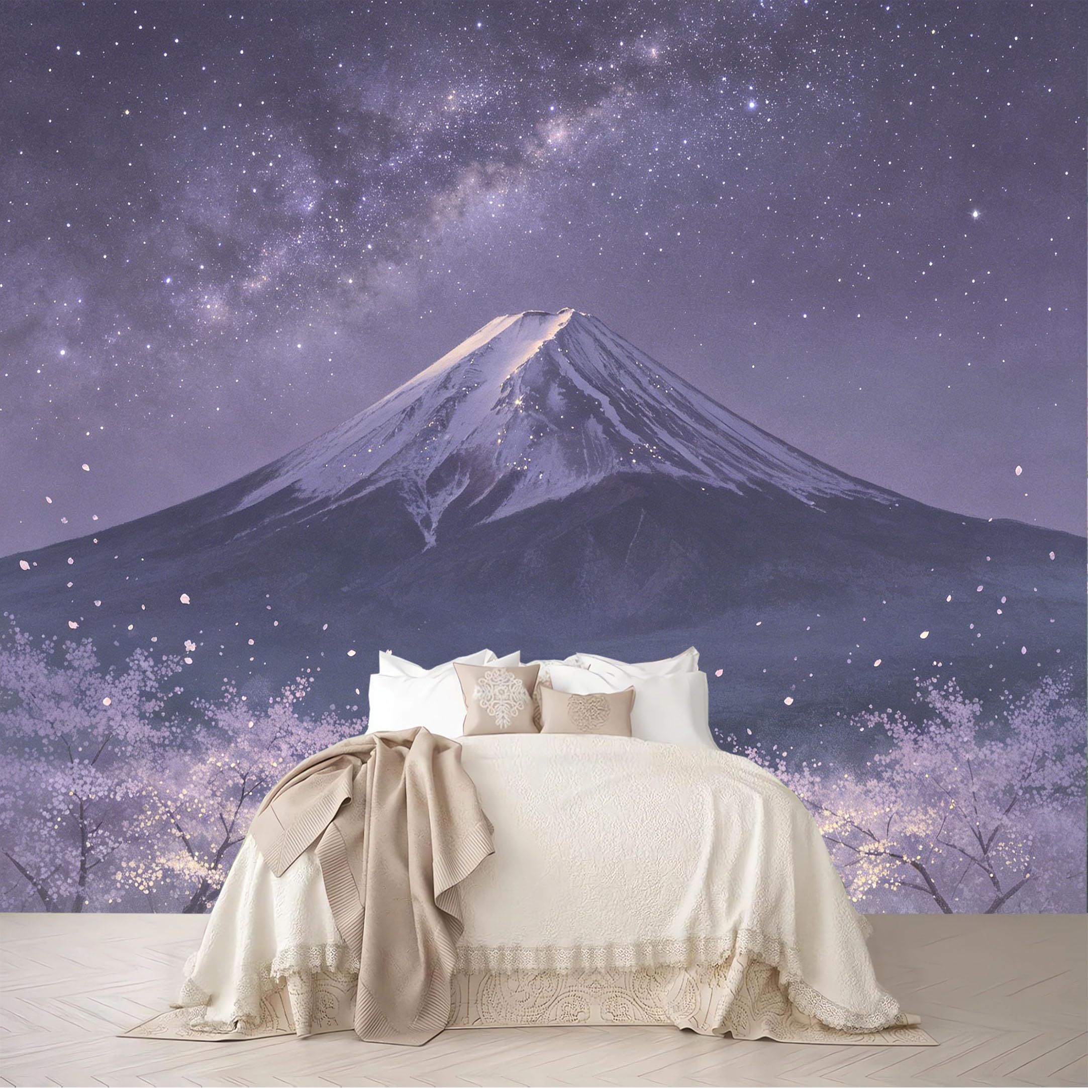 Dskjoviality Ab260706034 Custom Size Wall Mural Snow Peak Mountain Starry Cherry Blossom Night Scene Removable Self Adhesive Peel And Stick Wallpaper For Bedroom Living Room