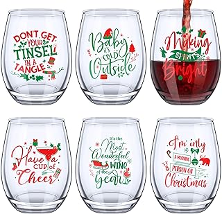 Funtery 6 Pcs Christmas wine Stemless Glass Funny Christmas Gift Set for Teacher Men Women Family Friend Coworker, Gift Ideal Birthday Wedding Party Supplies(Novel Style)