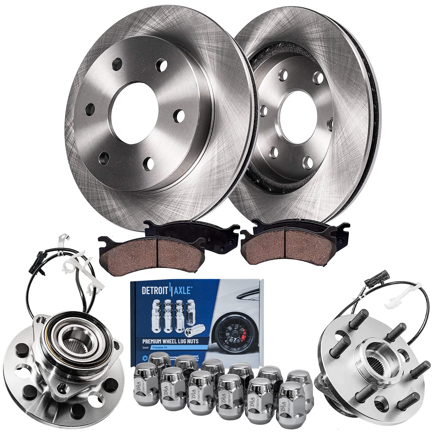 Detroit Axle - 4WD Front Disc Rotors Brake Pads Wheel Hub Bearings w/ 12pc