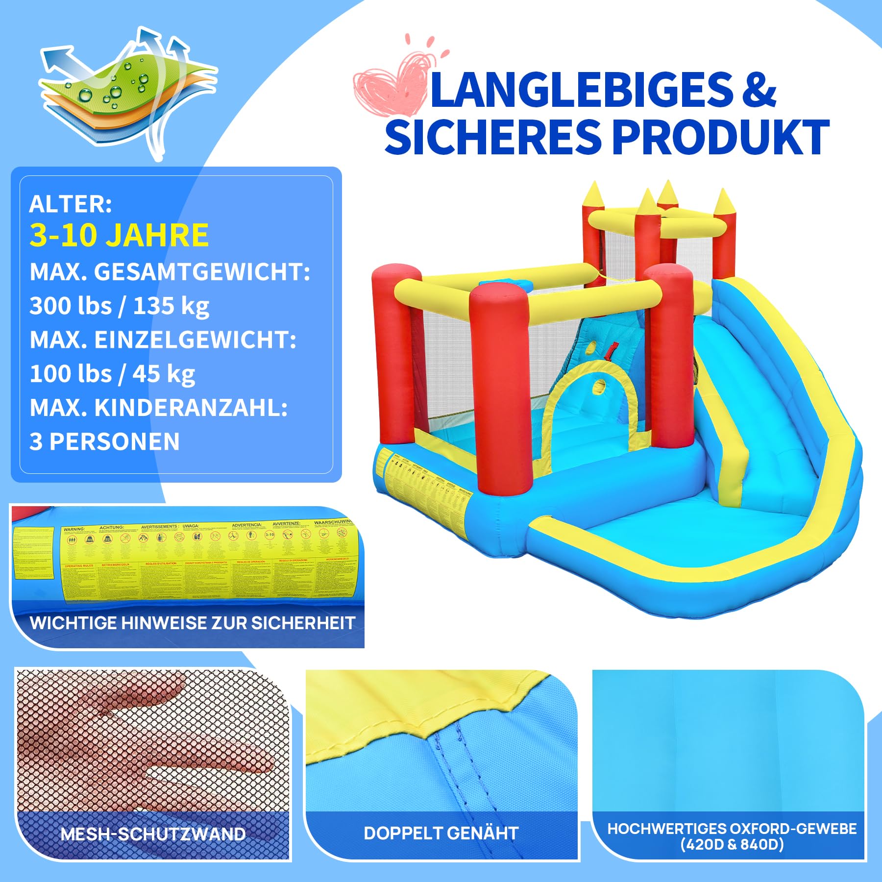 hüpfburg Kinder mit rutsche und kletterwand, hüpfburg gebläse inklusive, innen und außen hüpfmatratze für Kinder Bouncy Castle 3-10 Jahre 274 x 310 x 218 cm Outdoor hüpfburgen (Langrutsche)