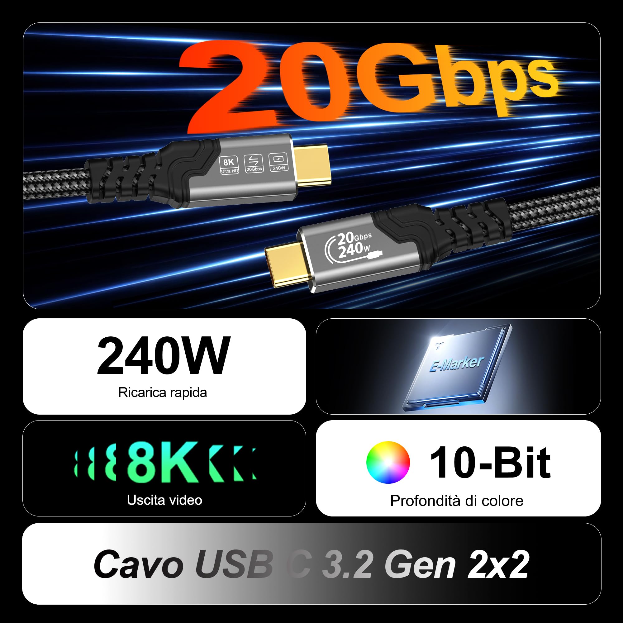 ZIKNYDO Cavo USB Type C 1m, USB-C 3.2 Gen 2x2, Video 8K@30Hz, 4K@144Hz, PD3.1 Ricarica Rapida 240W, Cavo Dati USB C 20Gbps, compatibile con Thunderbolt 4, MacBook Pro, SSD, Hub, iPhone 17/16/15 - 2