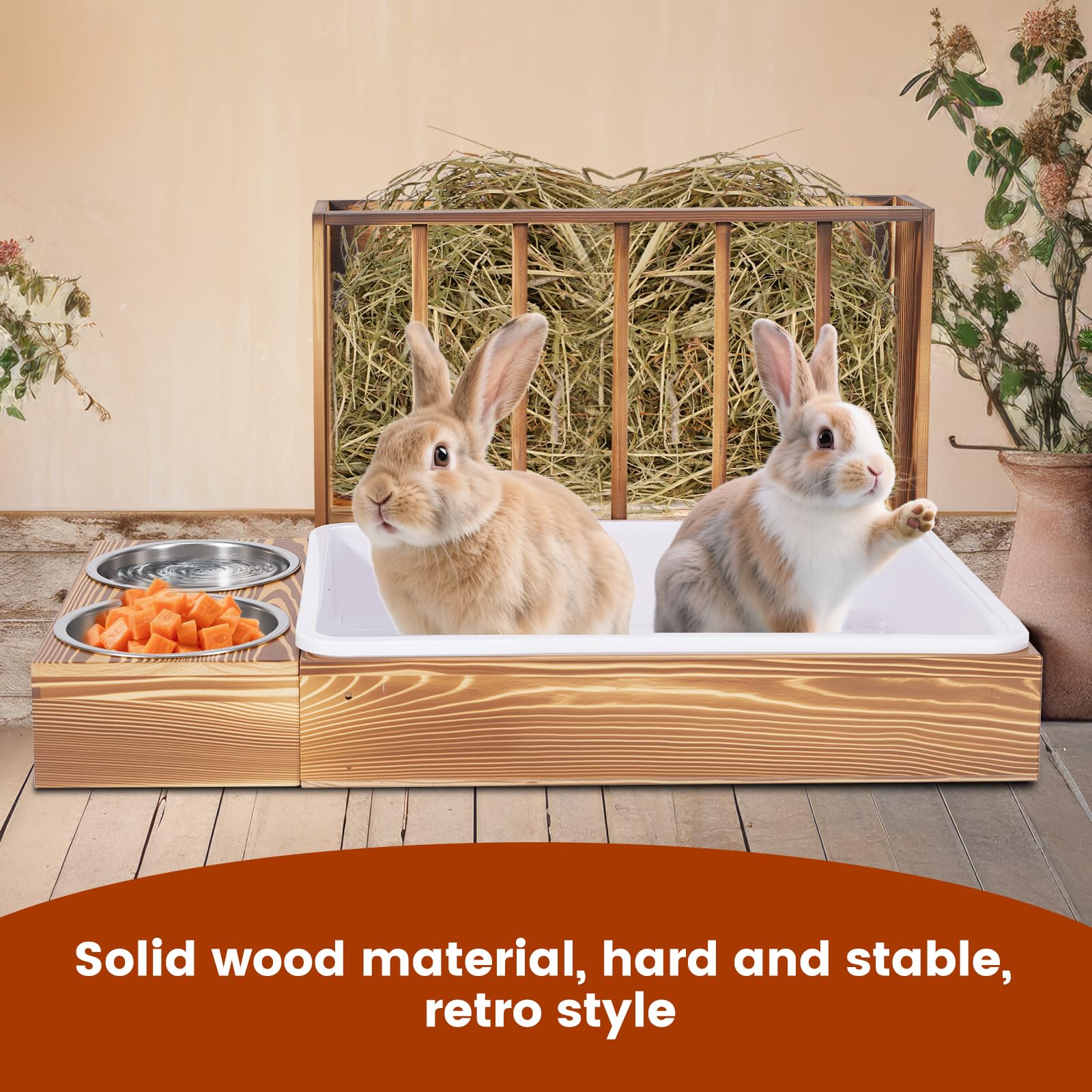 KHEARPSL 3 in 1 Rabbit Hay Feeder with Litter Box and 2 Bowls, Bunny Feeder Guinea Pig hay Rack Holder & Litter Box for Chinchilla Hamsters Guinea Pig Rabbit Bunny Small Animals (Brown) - image 2