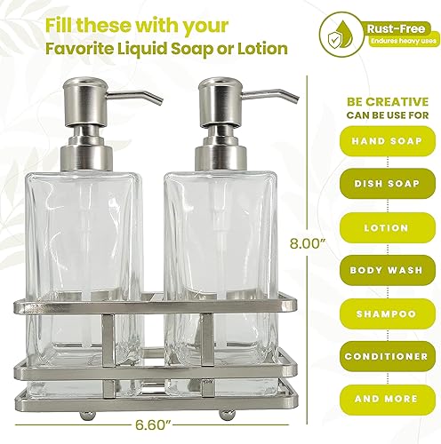 Miniatura 2 de Juego de dispensador cuadrado de loción transparente y bomba de jabón con soporte de metal para baño, baño, cocina, hogar, oficina, viajes, hotel,