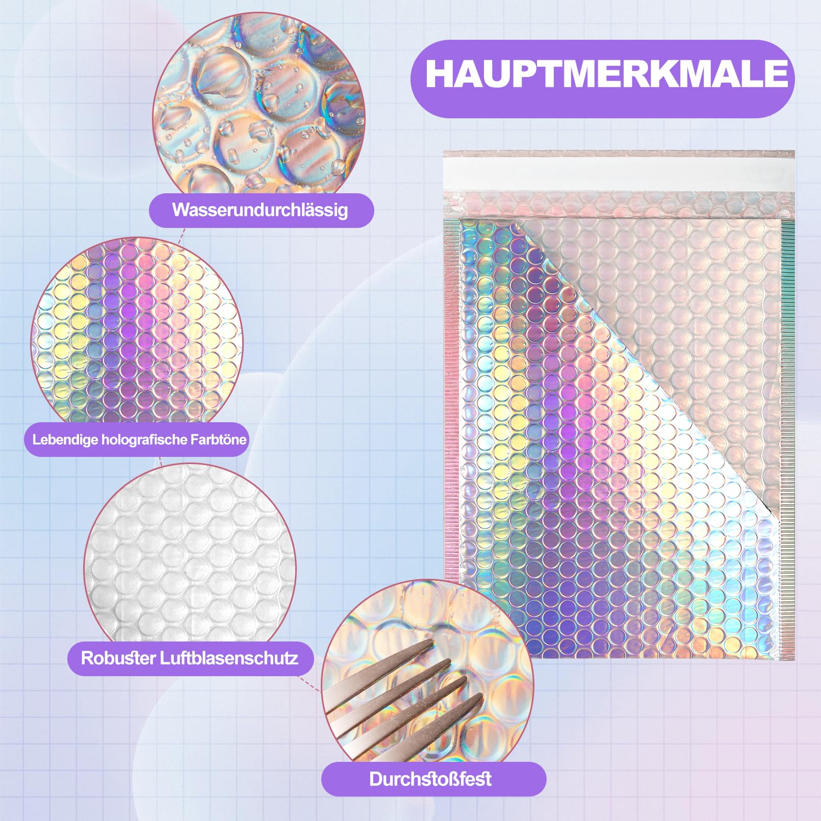 Lot de 50 enveloppes à bulles holographiques avec cartes de remerciement - Poly Bubble Mailer autocollant