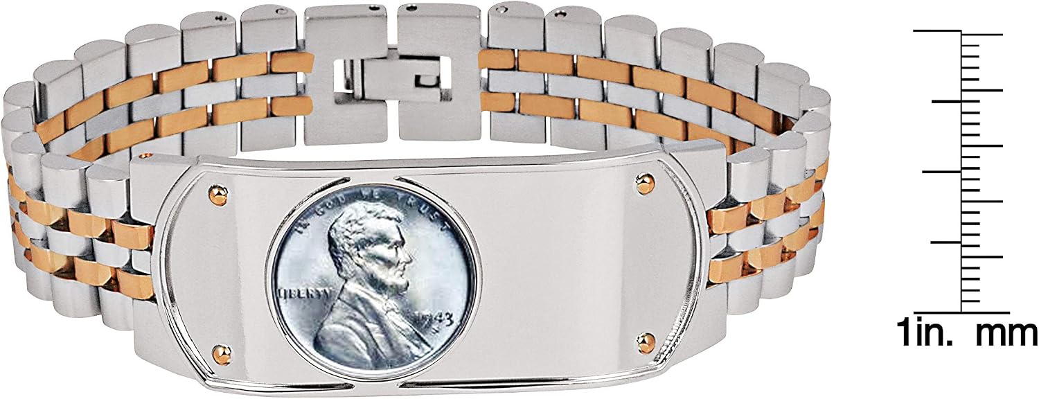 Men's Link Bracelet Two-Tone Stainless Steel Bracelet with Lincoln Steel Penny Coin