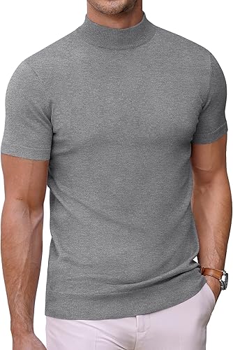 COOFANDY Suéter de cuello alto falso para hombre, de manga corta, color sólido, básico, ajustado, de punto