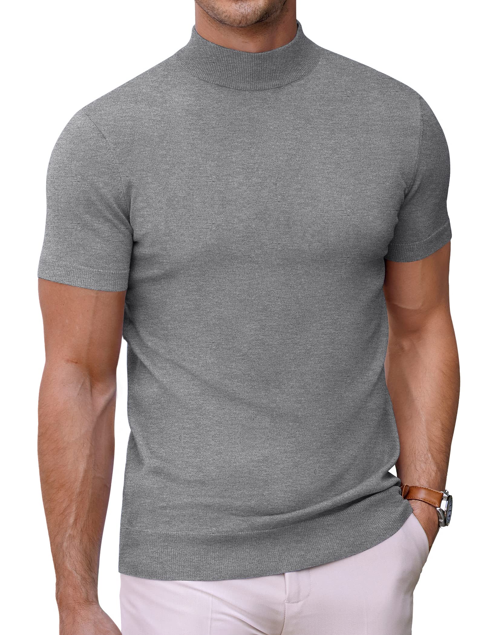 COOFANDY Herren T-Shirt mit Stehkragen Strick Männer Rollkragenshirt Pullover Herren Kurzarm Halb Kragen Unterhemd Slim Fit Basic Tops