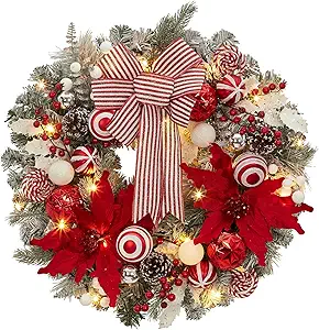 GarveeHome 24" Pre-Lit Christmas Wreath for Front Door, Large Artificial Christmas Wreath, Battery Operated Lighted Xmas Wreath for Door Window Indoor Outside Xmas Home Decor, Red and White