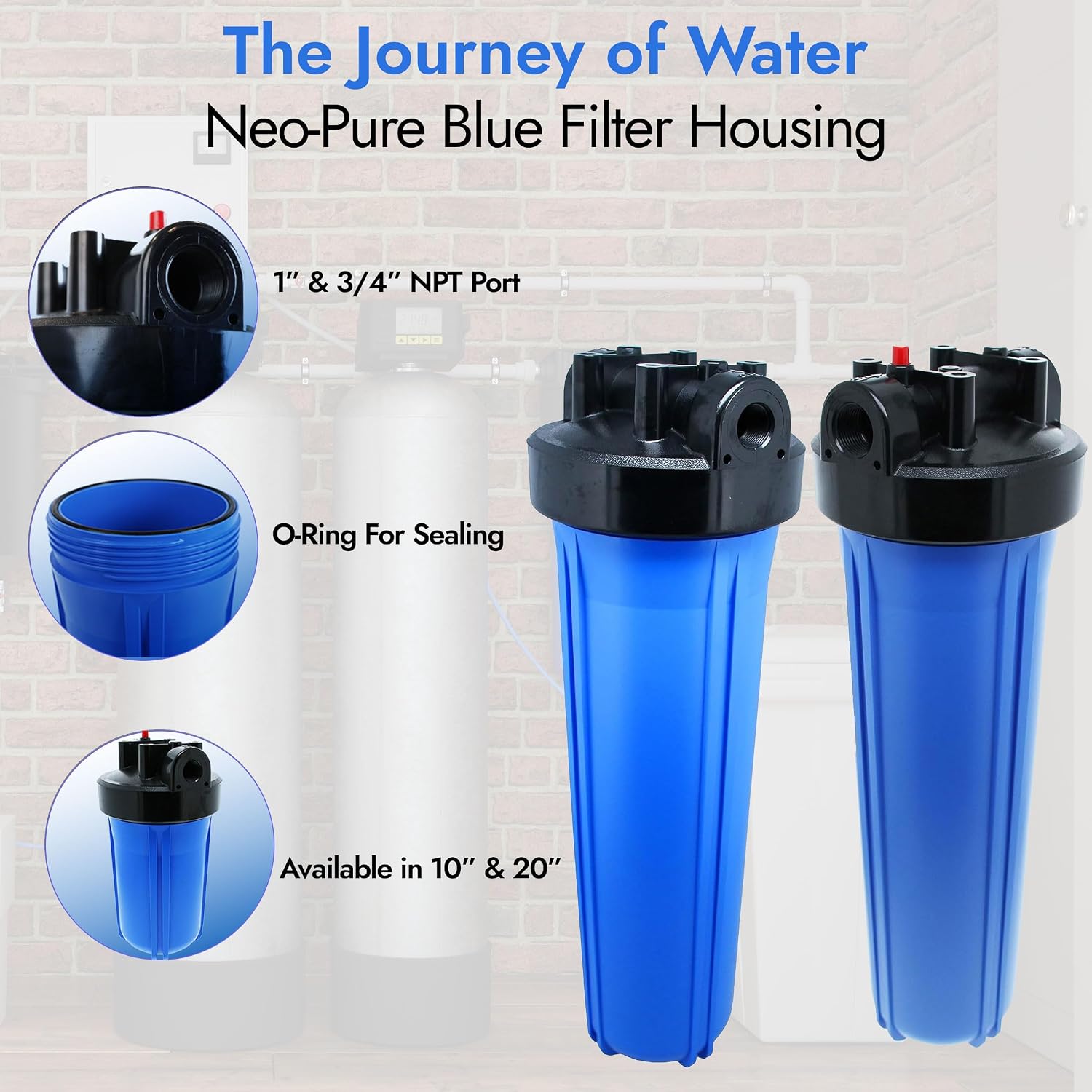 20" Neo-Pure Black/Blue Filter Housing Blue Sump/Black Cap with No Pressure Relief Cap or Standard Cap (3/4 Inch NPT, Standard)