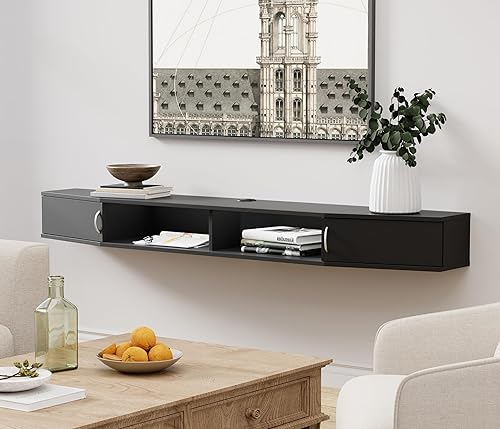 Miniatura 8 de WAMPAT Soporte de TV flotante con estación de carga, estante de TV montado en la pared con luces azules, consola multimedia de madera, centro de