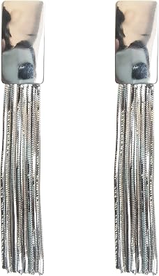 925 Sterling Silver White Gold Plated Fashion Square Tassel Chain Dangle Drop Earrings