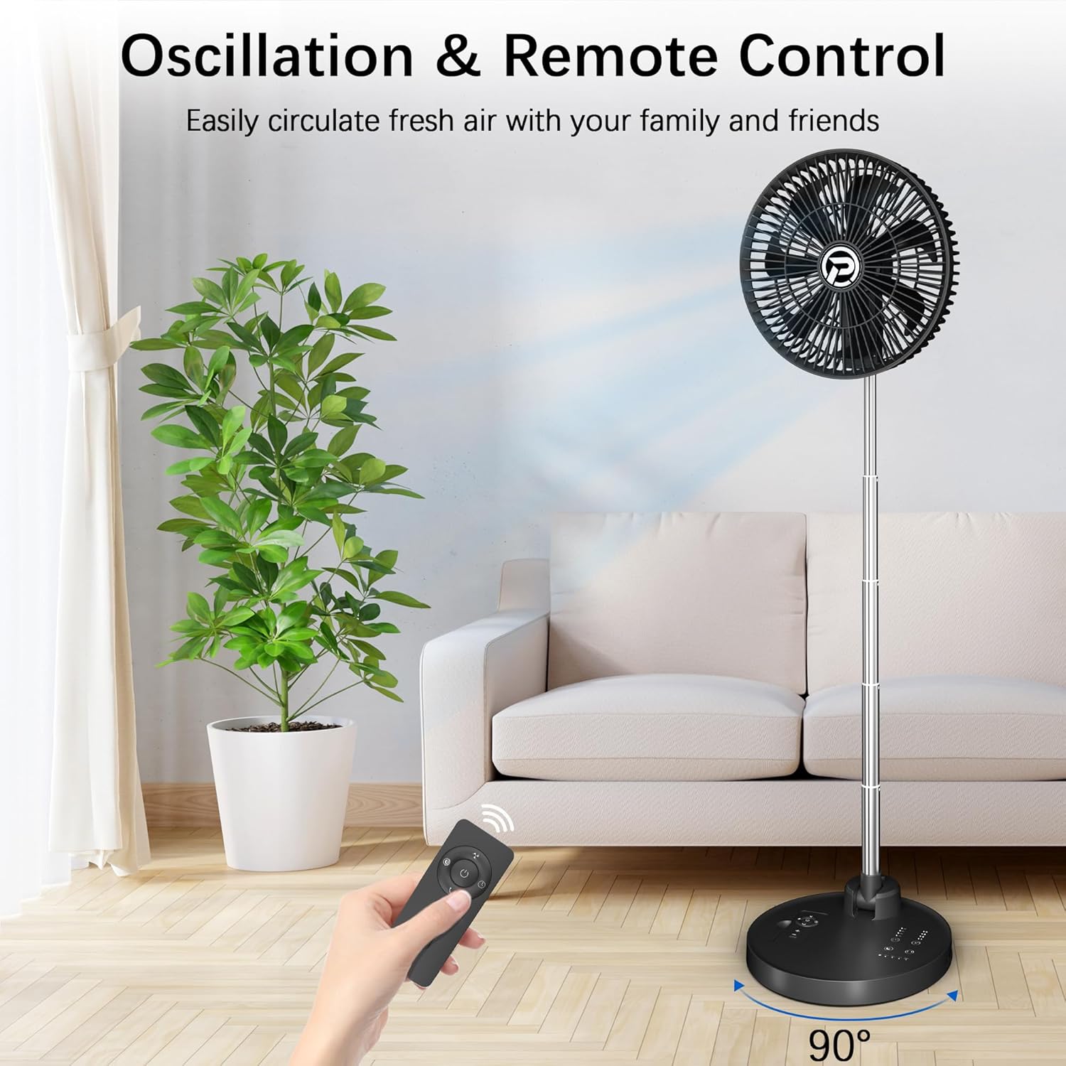 PANERGY 10'' Foldable Oscillating Fan, 20000mAh Battery Operated with Remote & Timer, Height Adjustable Portable Standing Fan, Quiet USB Output for Camping RV Picnic Home Office Outdoor