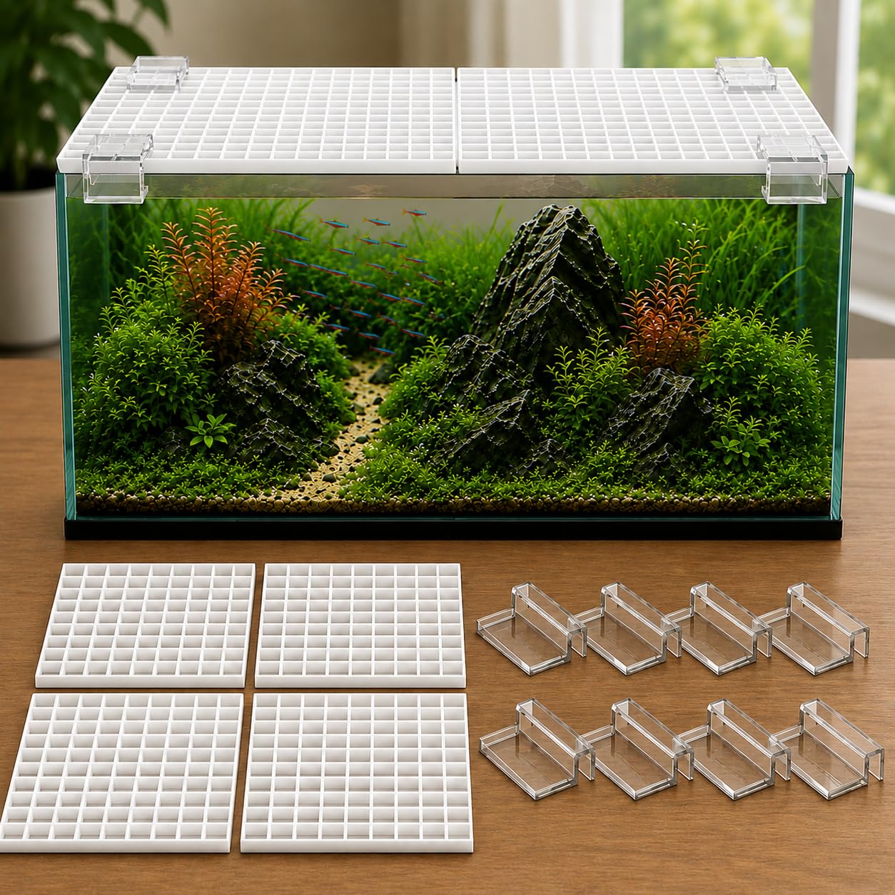 VAYINATO White (4 Egg Crate 30 * 30cm & 8 Pcs Clip, 12 mm) Aquarium Fish Tank Lid Cover Support Clips with Egg Crate Panels, DIY Aquarium Cover Kit for Rimless Fish Tanks, Shrimp Tanks-picture-23
