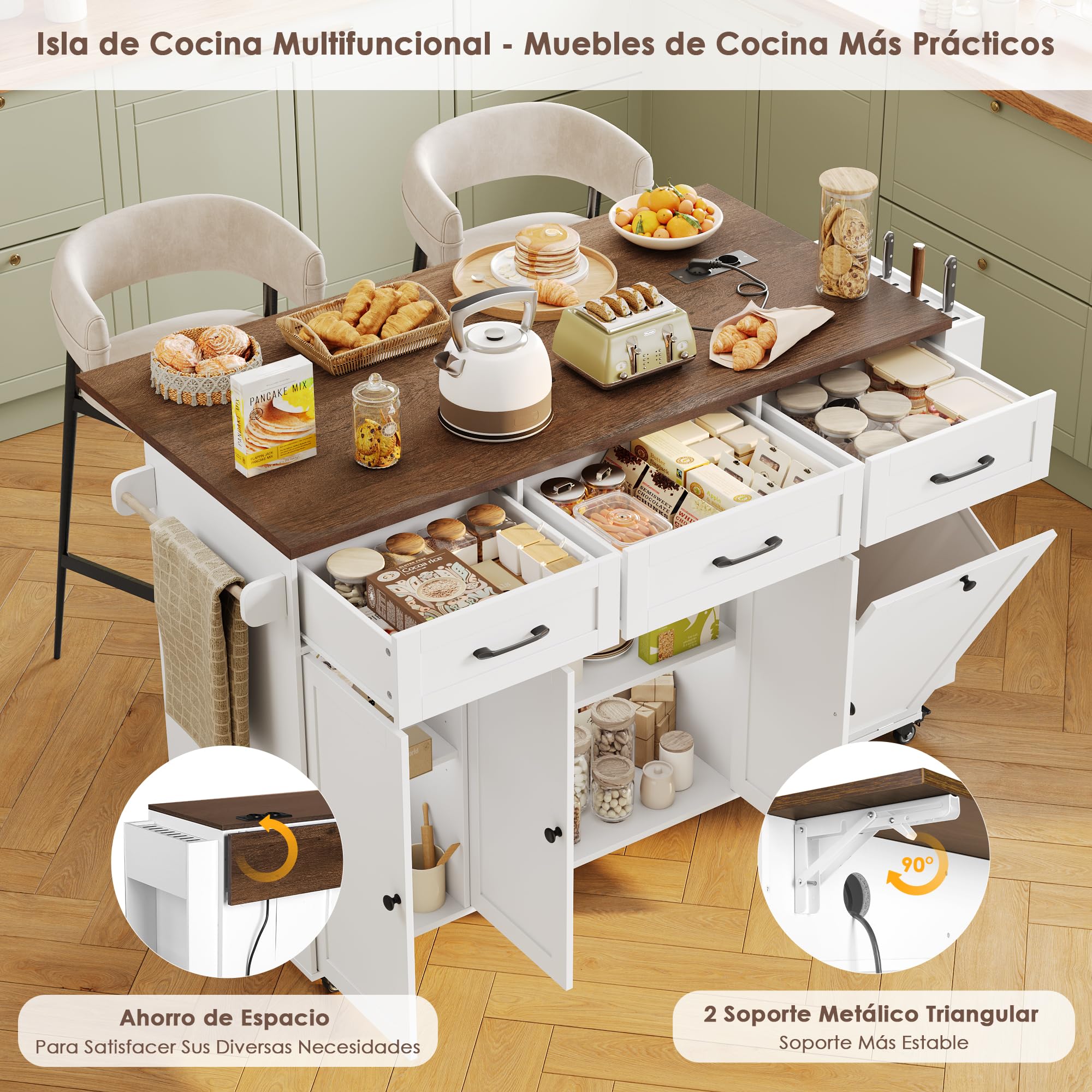 FirFurd Isla Cocina con Ruedas Carro de Cocina Carrito de Comedor Aparador con 3 Cajones Mueble Cocina Auxiliar con Mesa Plegable, Eenchufe, Especiero y Toallero, Blanco 135x60x88cm — view 6