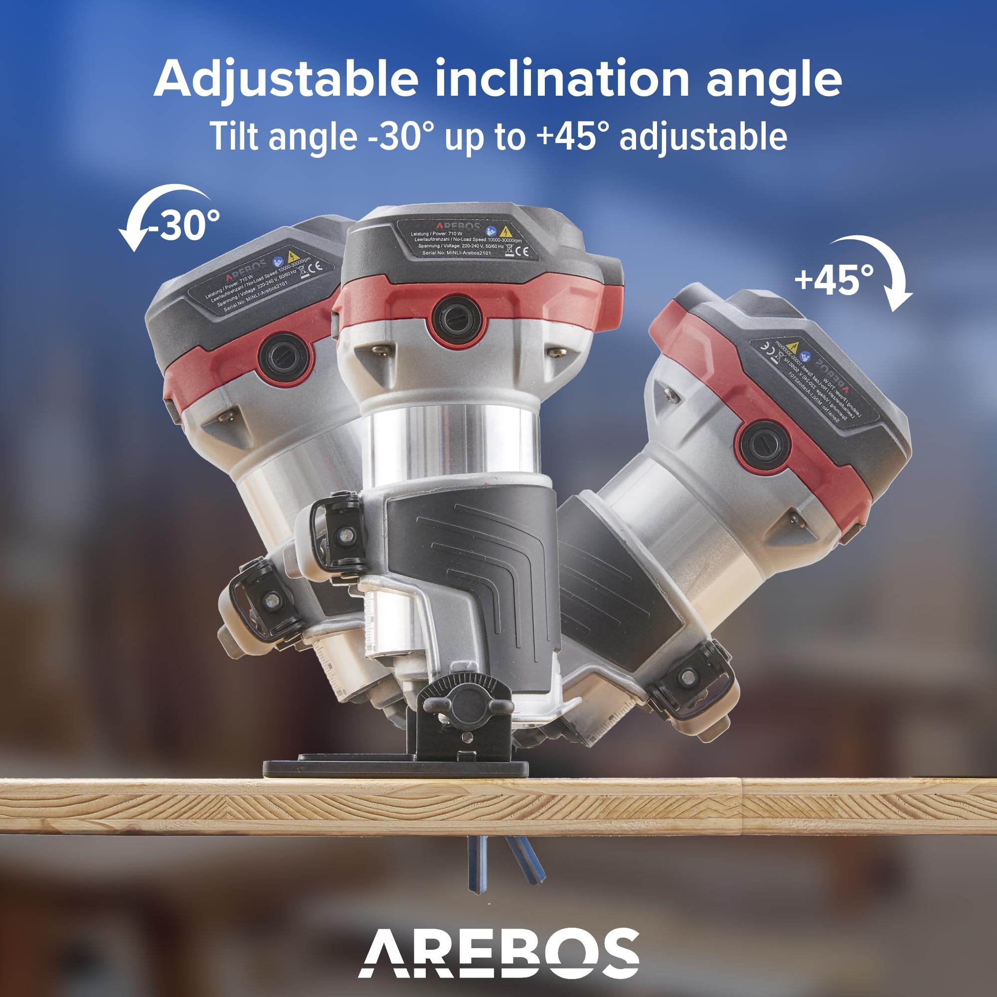 Arebos Fresadora superior | Fresadora para madera con 6 velocidades | Bloqueo del husillo de 710 W | Base de inmersión y recortadora | Pinza de sujeción de Ø 6 y 8 mm | Con bolsa para herramientas