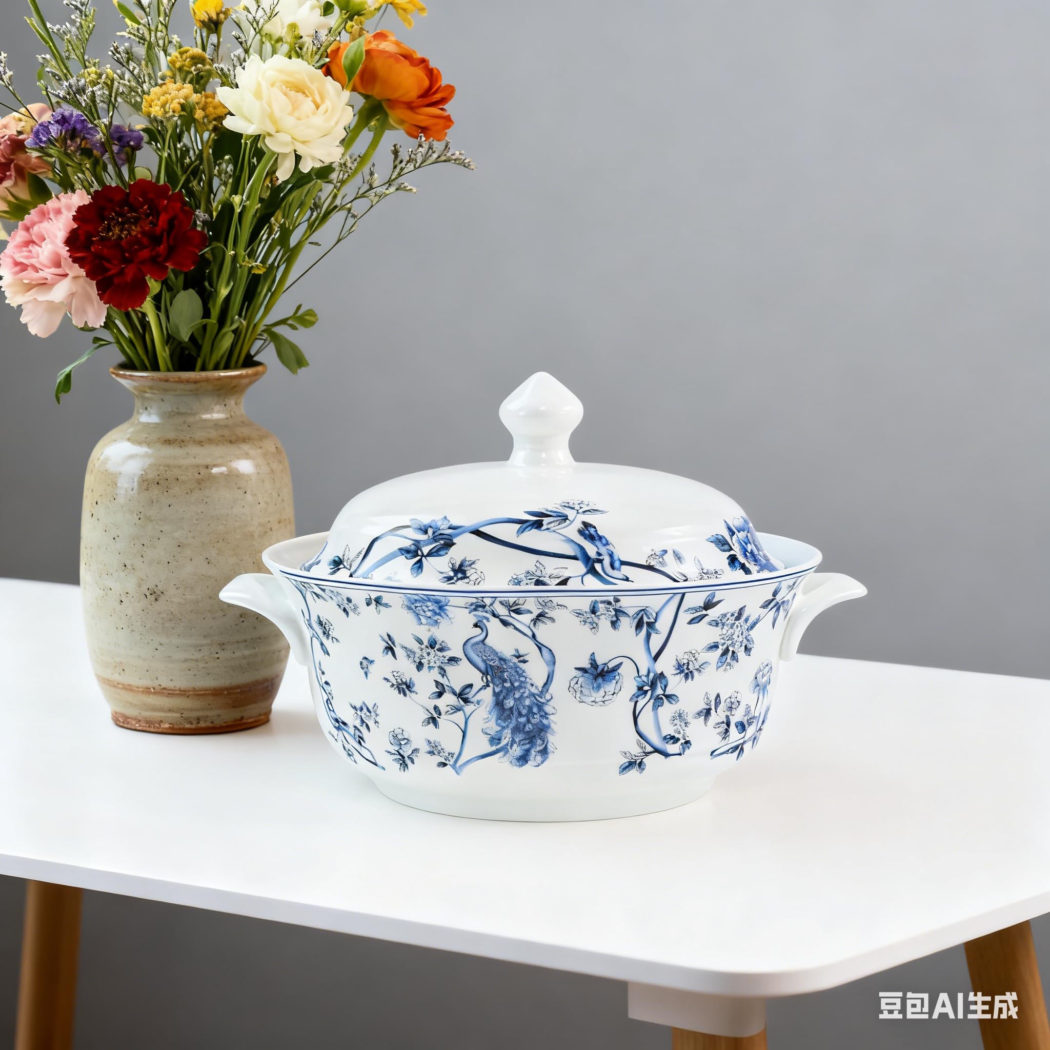 Keramik-Suppentreene mit Deckel und Löffel, Porzellan-Suppen-Servierschalen mit Griffen für Küche, Unterhaltung, Party, blaue Blumen und Tiermuster, 2,5 l, mikrowellen- und spülmaschinenfest