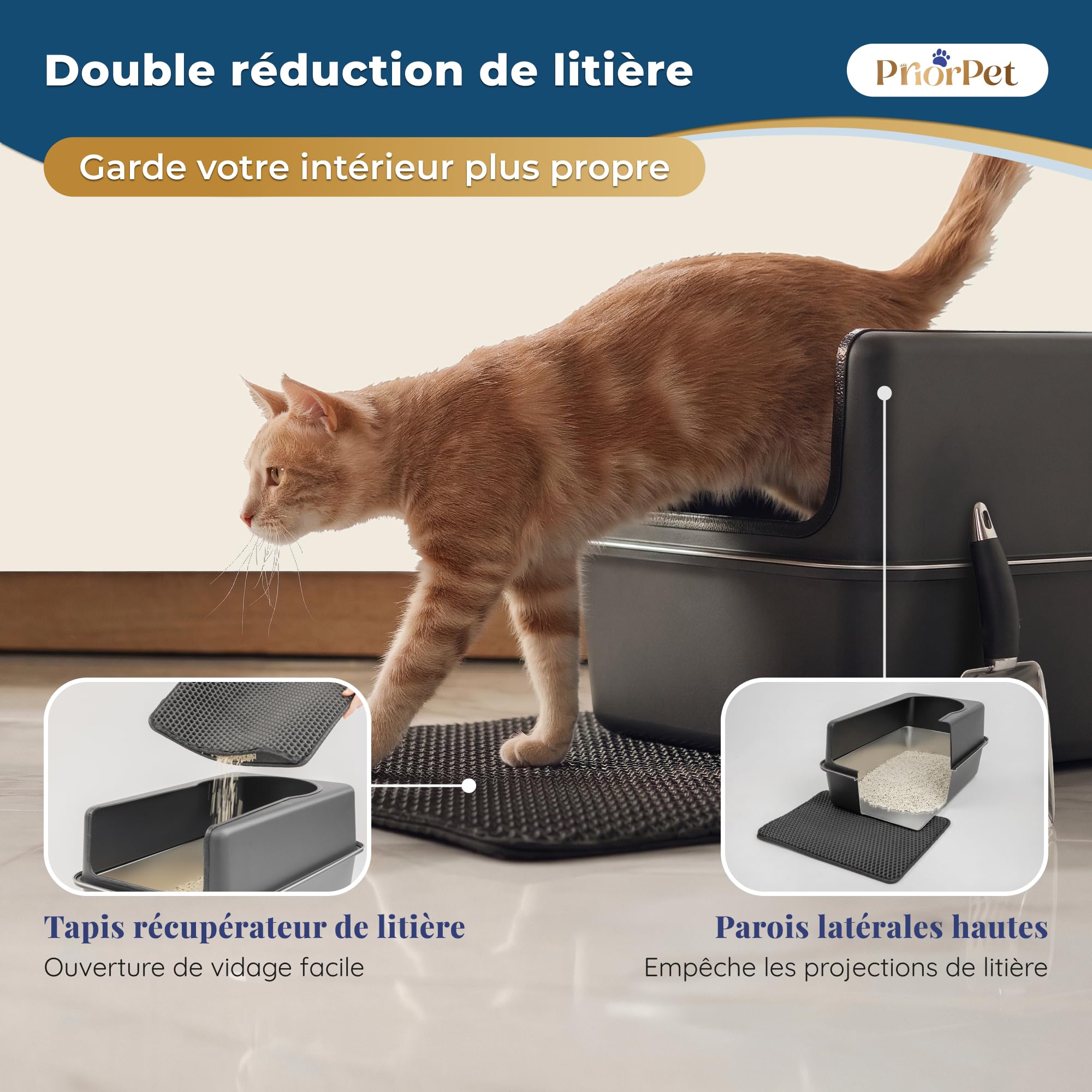 Bac à litière Chat INOX XXL Noir Mat – Facile à Nettoyer, Anti-odeurs – Litière avec Bords Hauts, 38L – Anti-Fuite, antiadhésif – avec Pelle et Tapis