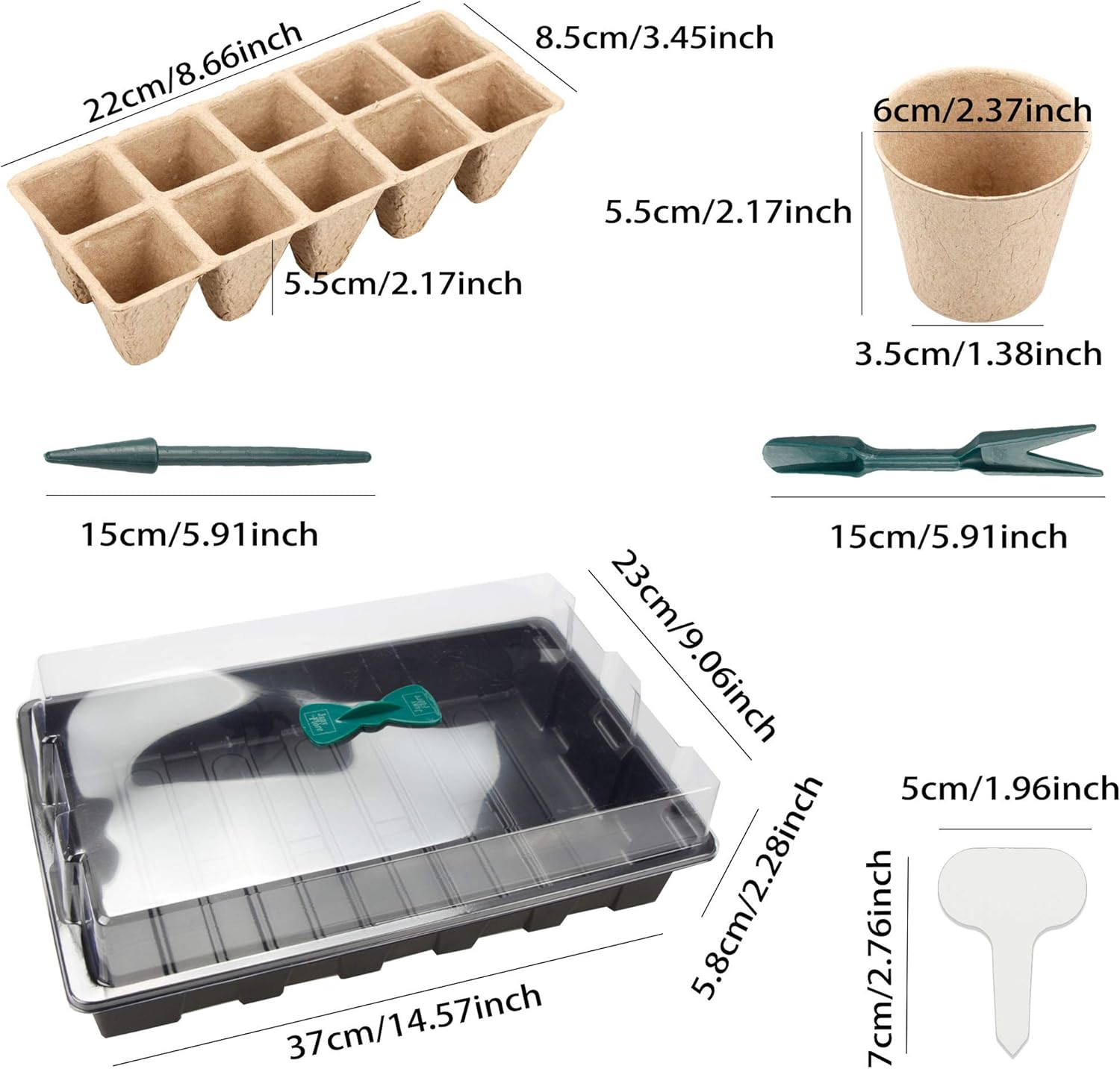 Seed Starter Tray Kit Including 60 Biodegradable Peat Pots 50 Biodegradable Peat Pots Cells 3 Planting Base Tray with Domes 100 Markers and 3 Seed Tools for Vegetable and Flower
