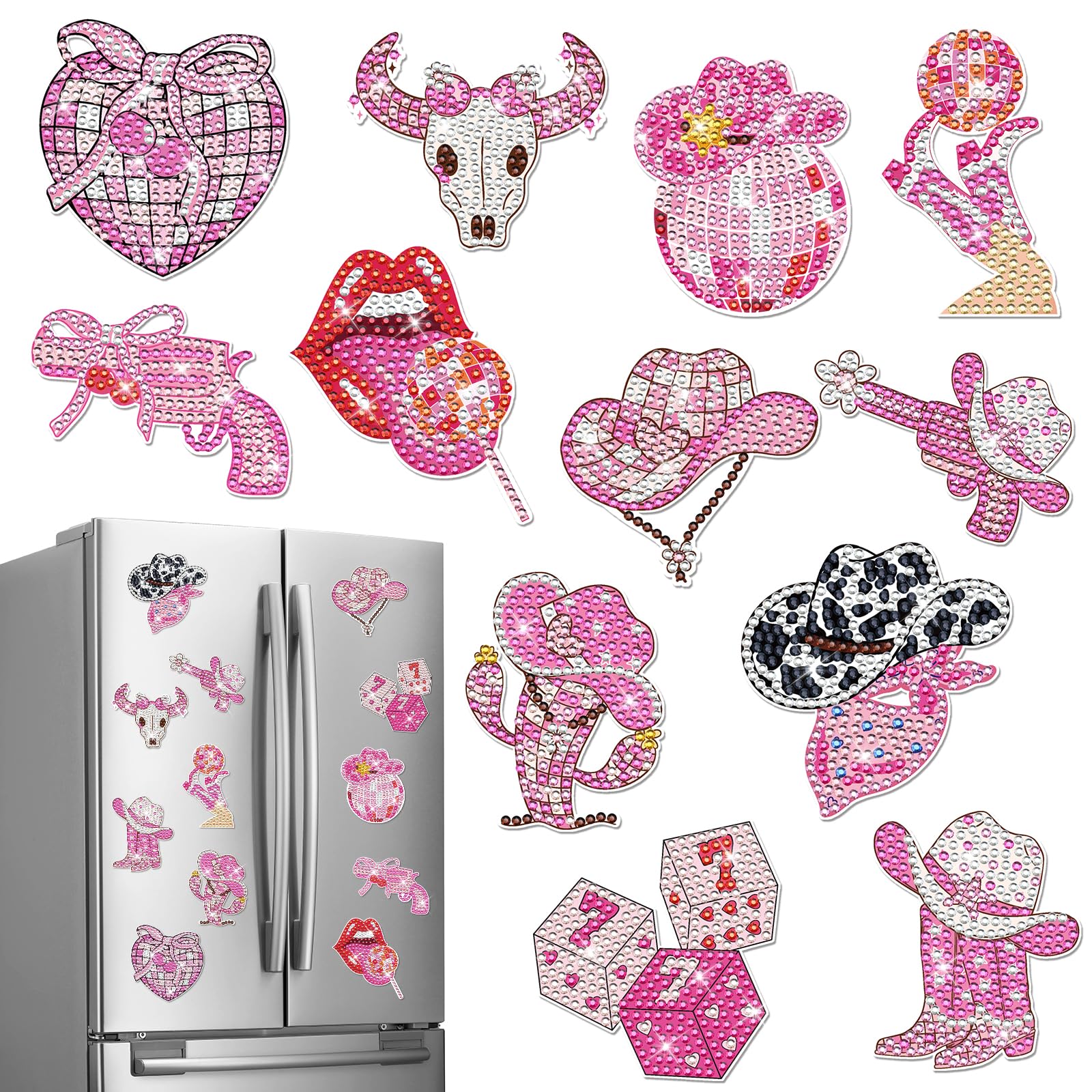 Diamond Painting Refrigerator Magnet Kit - 12 PCS Coquettte Diamond Art Fridge Magnets with Cowgirl and Ribbon Bow Pattern DIY Art Craft for Beginner Women Home Decors
