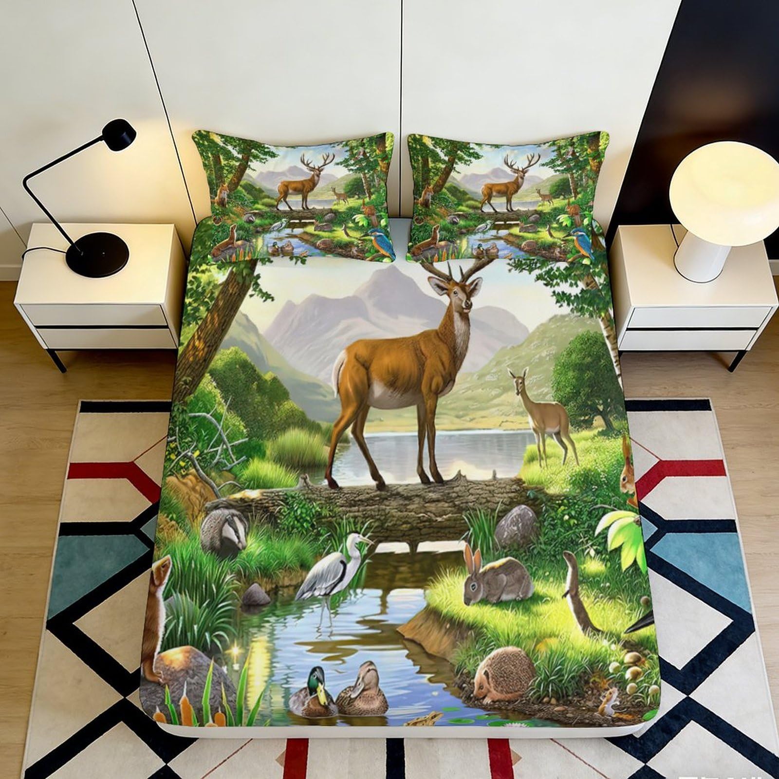3D Printed Forest Deer Fitted Sheet Microfiber Nature Wildlife River Mattress Cover for Bedroom Guest Room Decor 90x200x25cm
