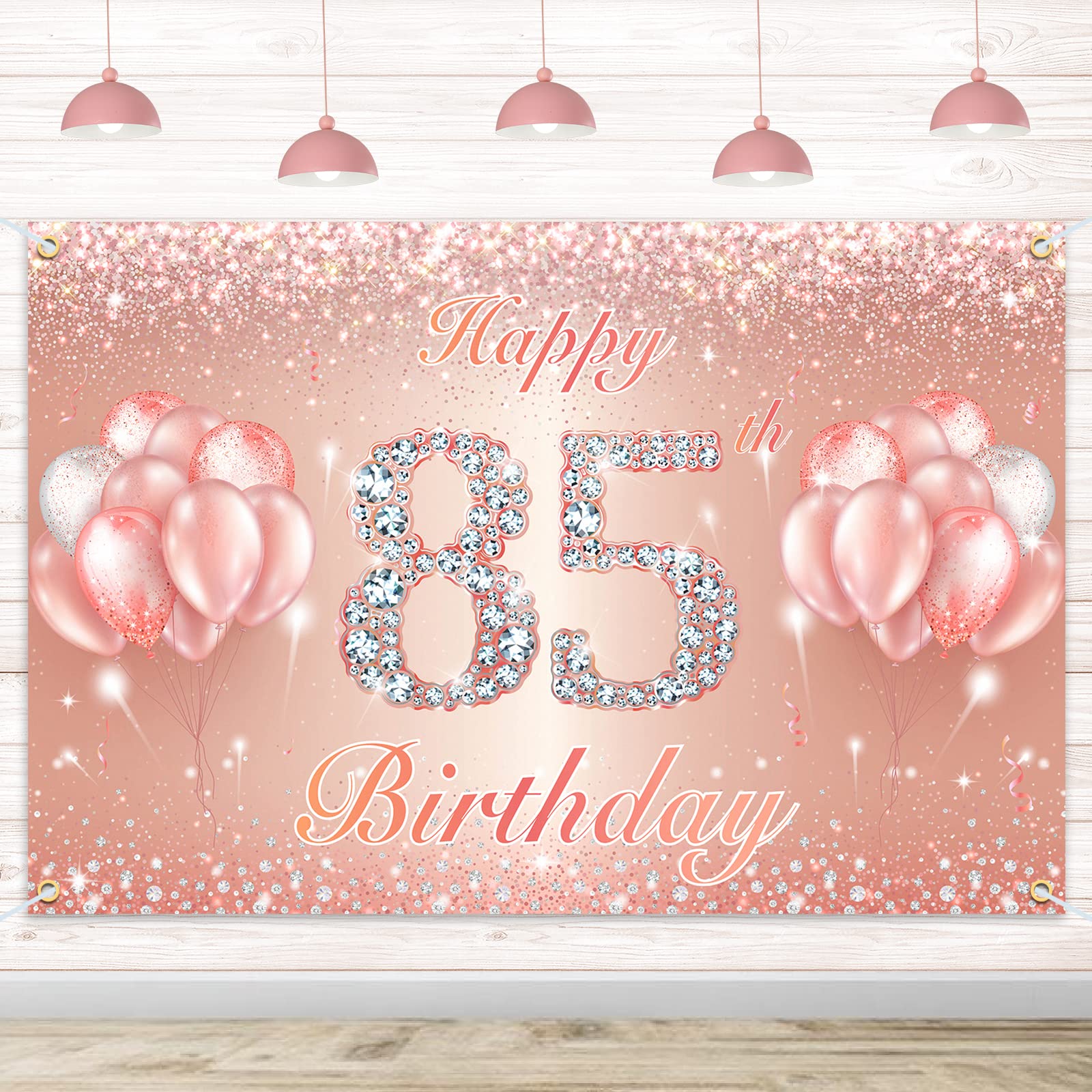Happy 85th Birthday Banner Backdrop - 85 Birthday Party Decorations Supplies for Women or Men - Rose Gold 4 x 6ft