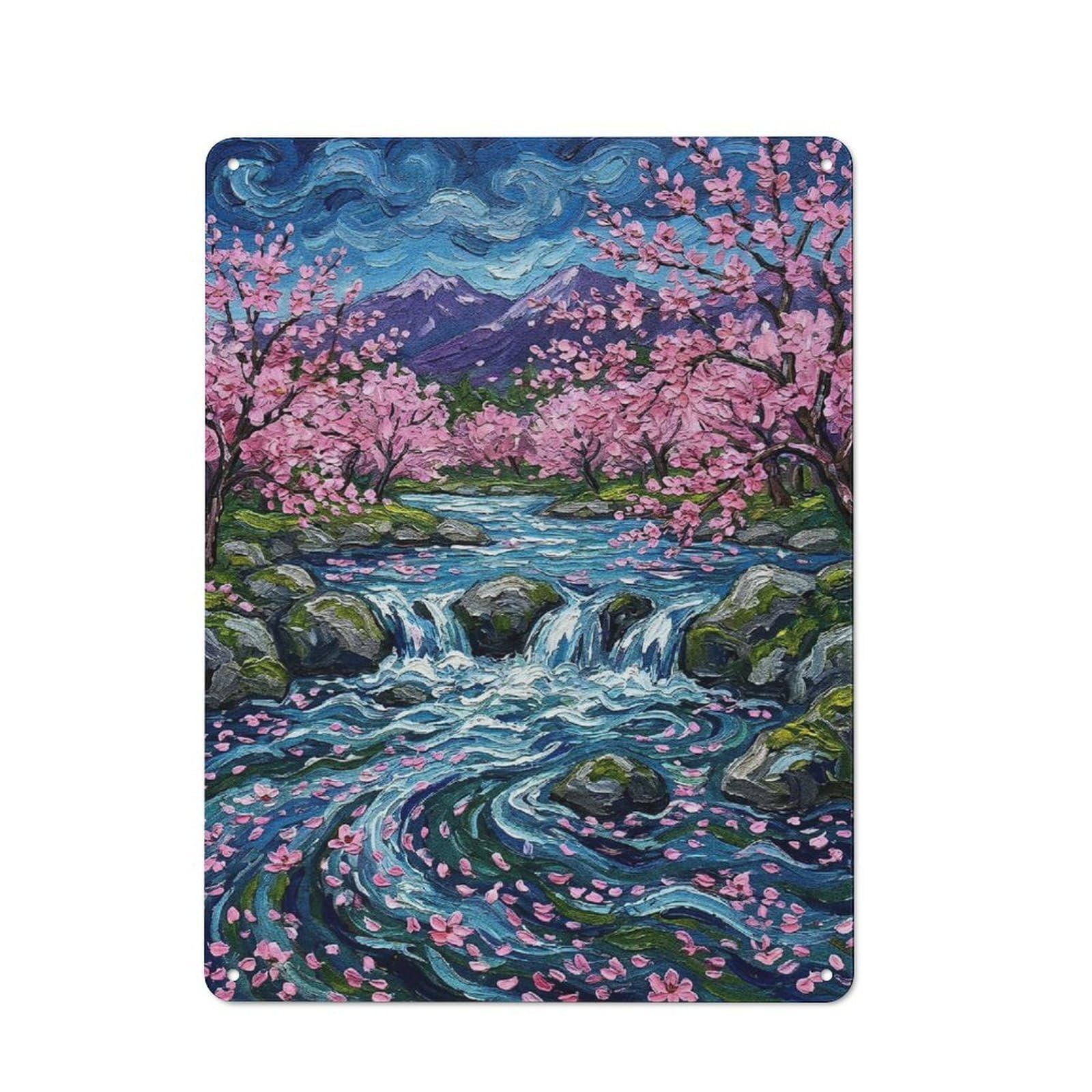 Cherry Blossom River Landscape Painting Retro Metal Wall Decor 40x30cm, Vintage Metal Sign for Cafe, Pub, Workshop Or Home Bar